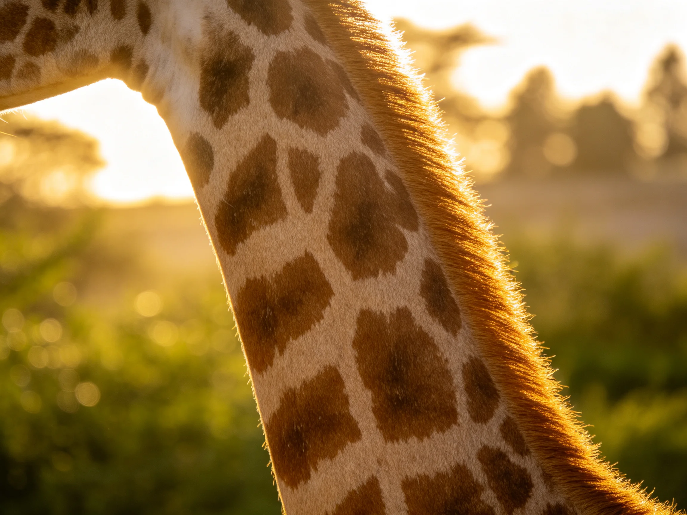 Close - up of a giraffes spotted neck in golden sunlight