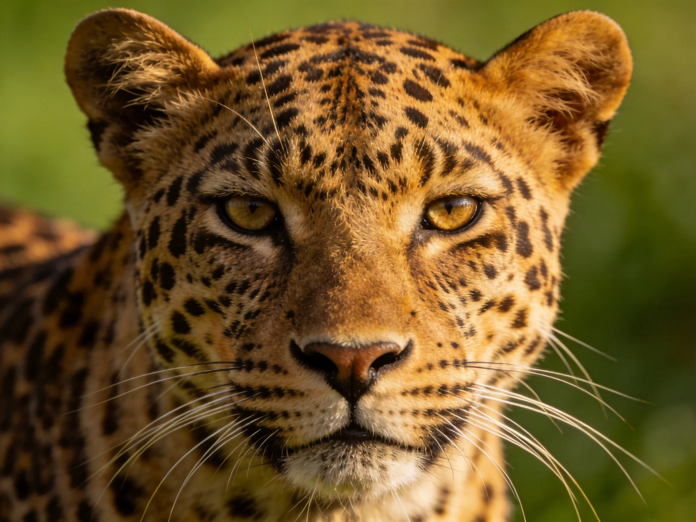 Close-up of a golden-spotted leopard with amber eyes