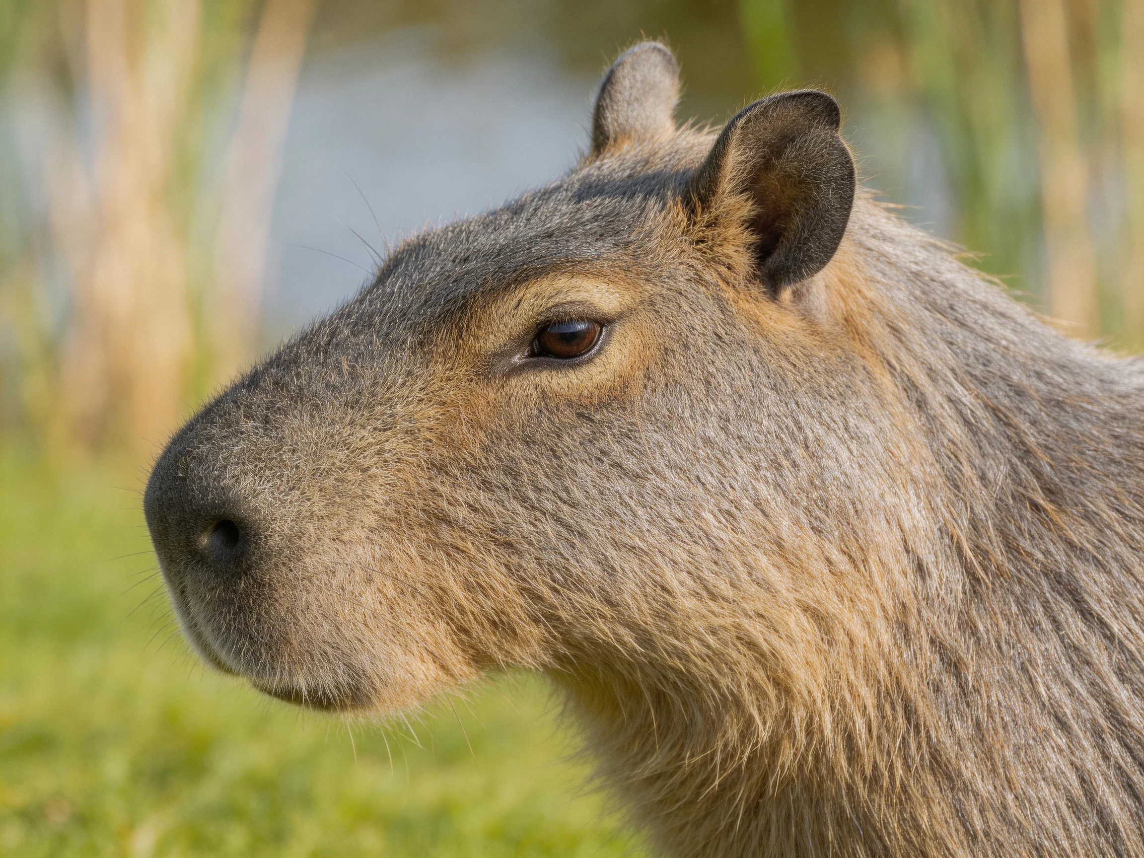A close-up of a capybara with brown and gray fur in a natural setting.