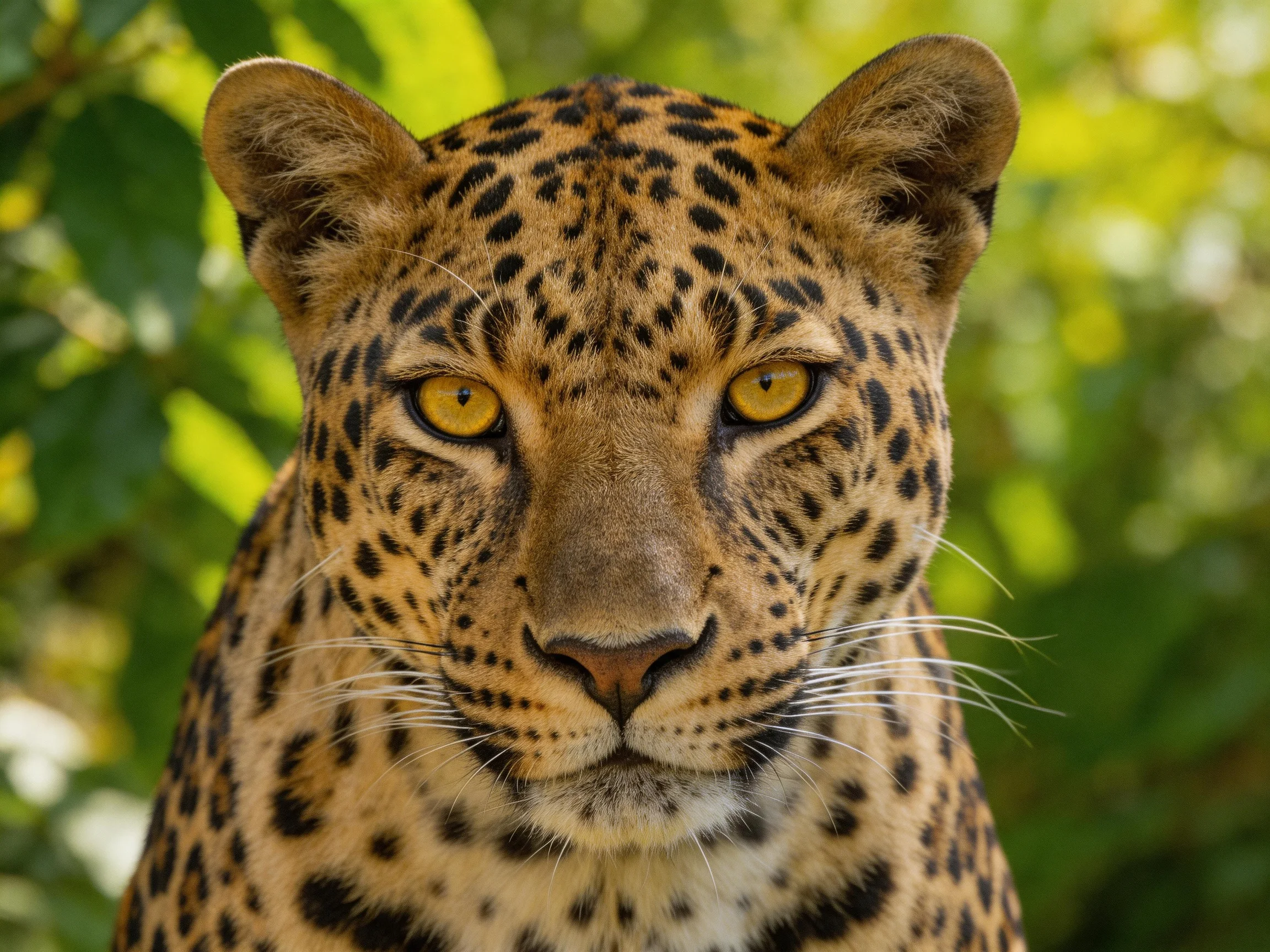 Close-up of a leopard with bright yellow eyes amid green foliage