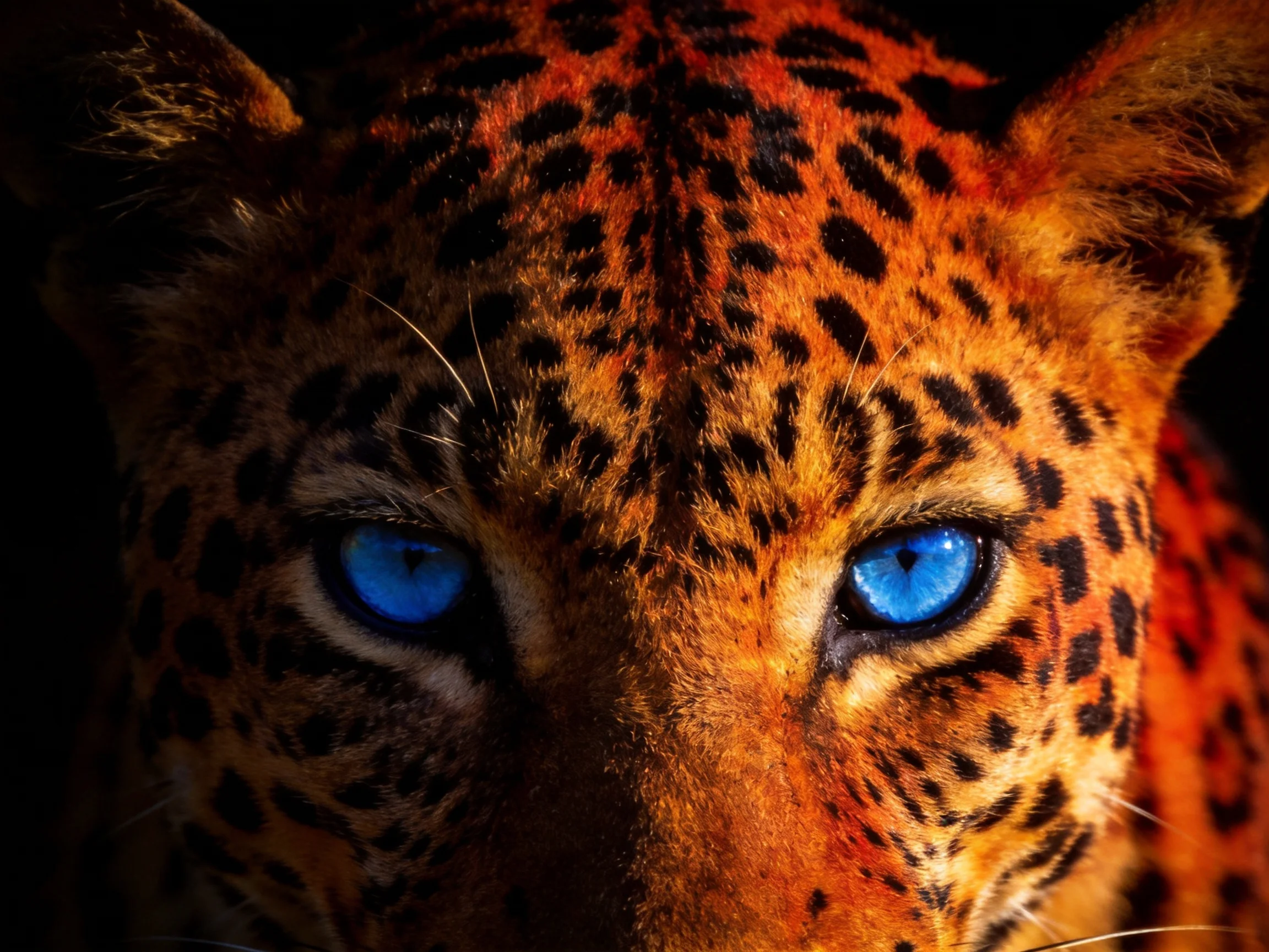 Close - up of a leopard with vivid blue eyes and orange - spotted fur
