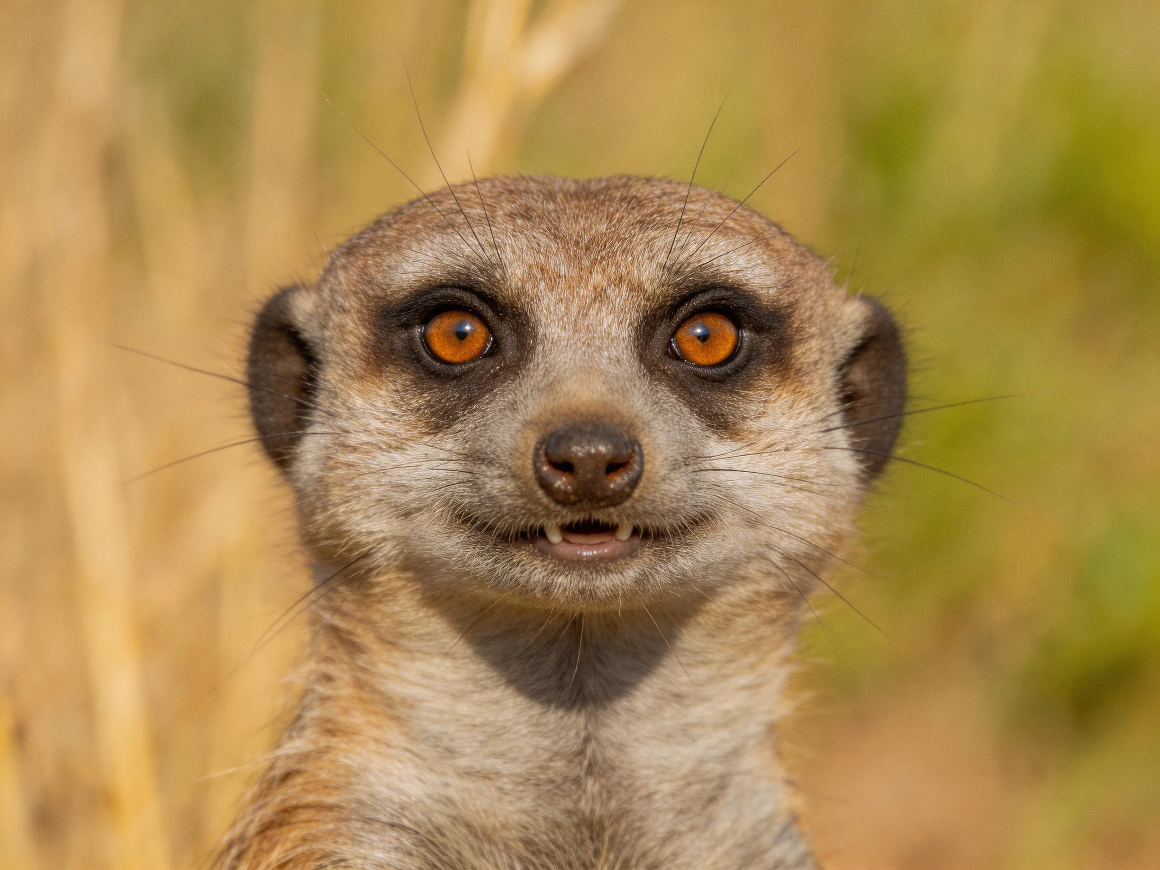 Close-up of a meerkat with bright amber eyes in a natural setting