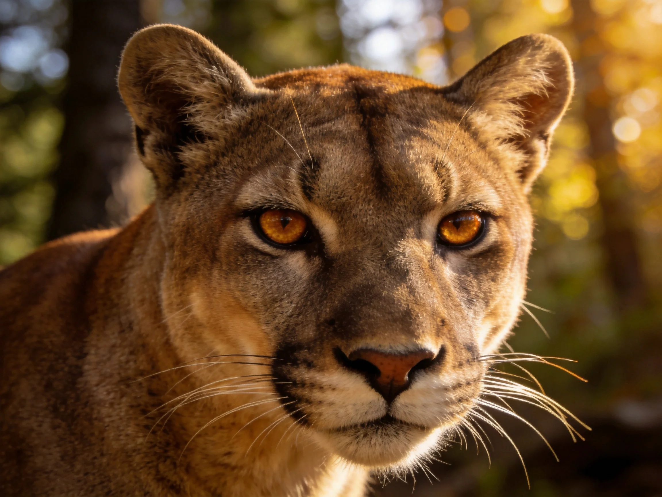 Close - up of a mountain lion with amber eyes in a sunlit forest