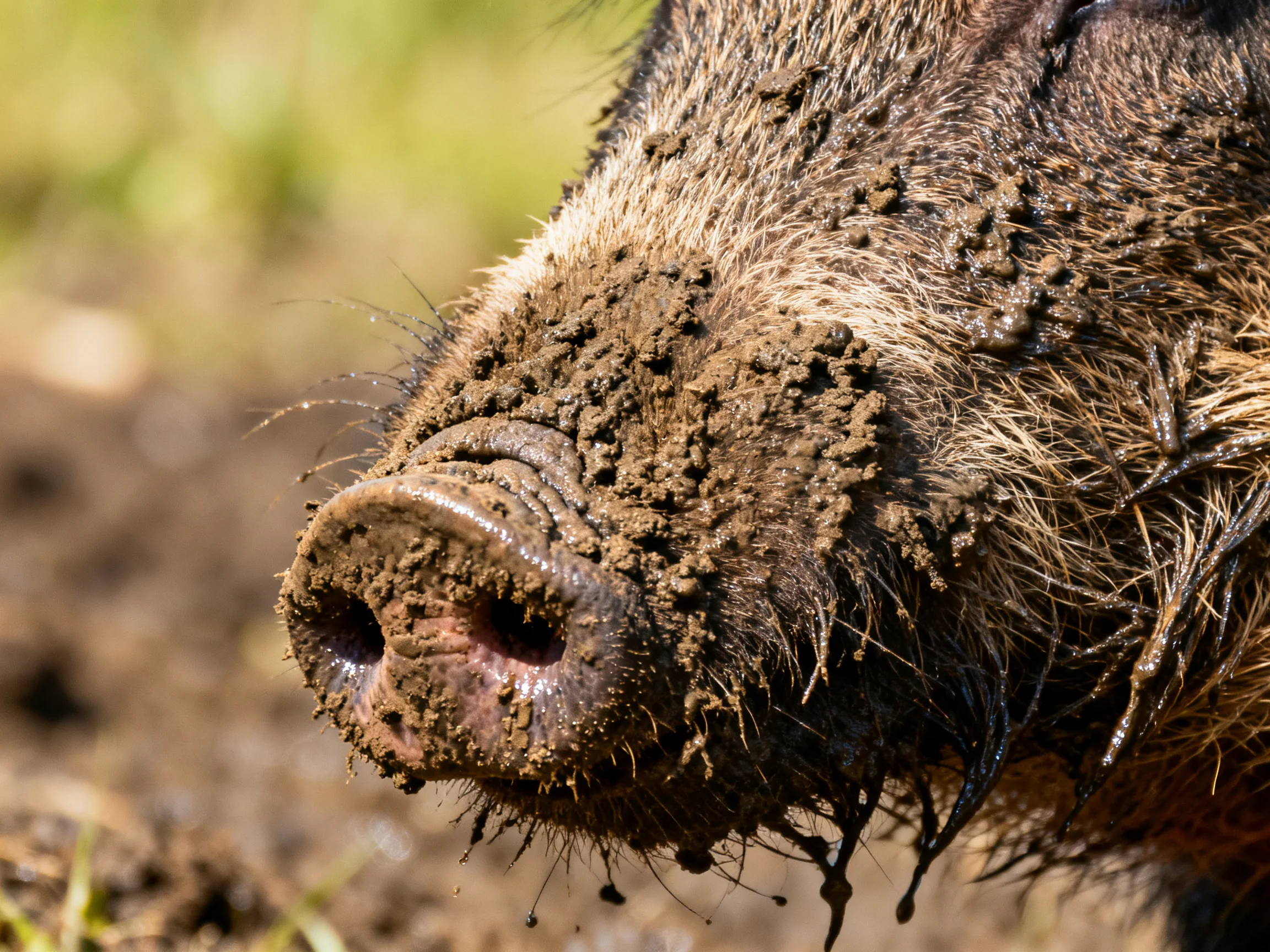 Close - up of a muddy wild boar’s snout with earthy textures