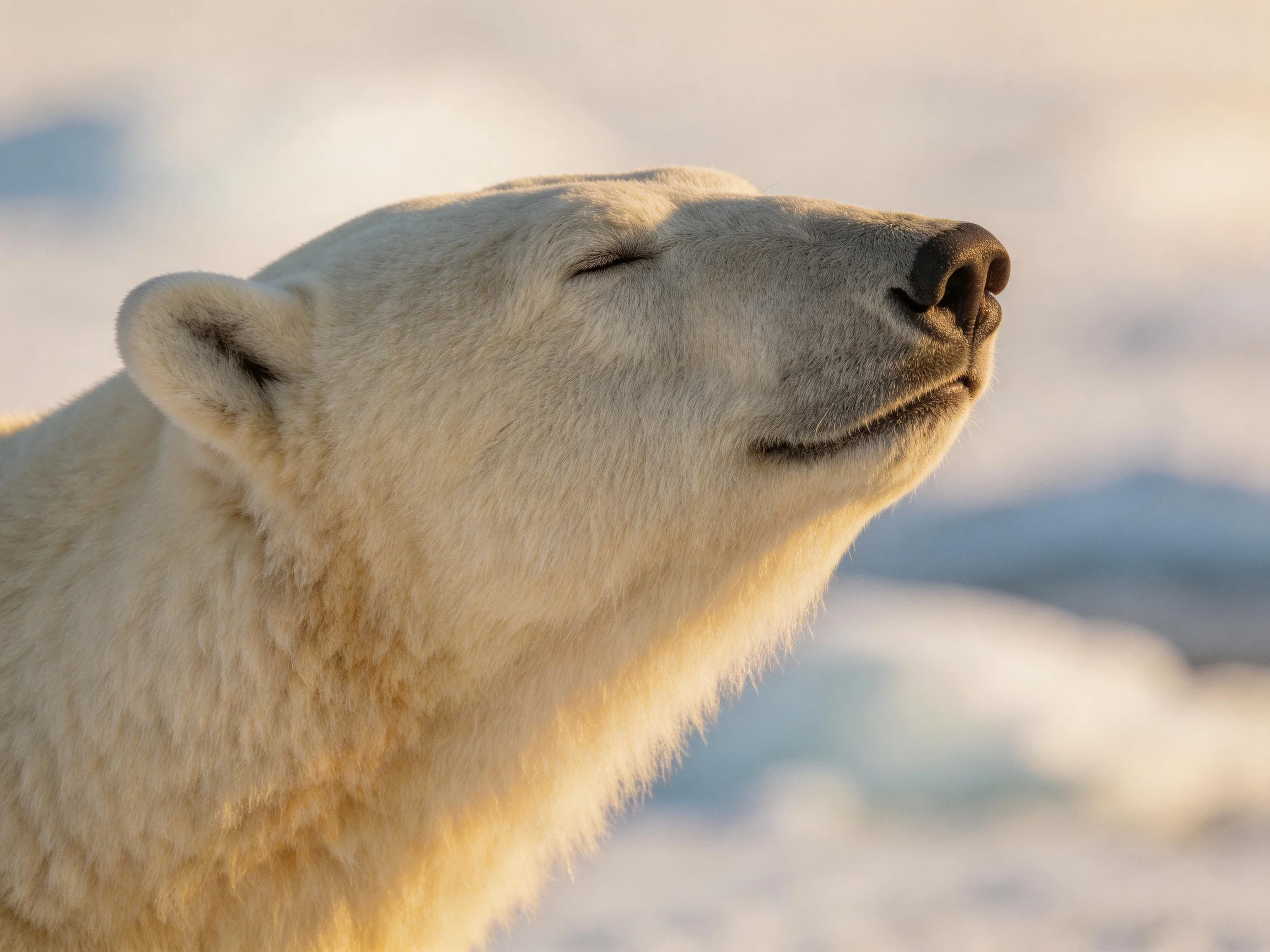 Polar bear with closed eyes in a wintry landscape.