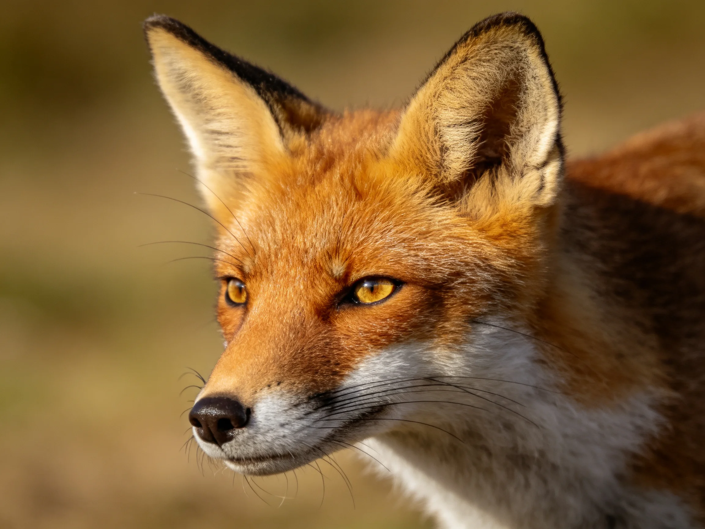A red fox with golden eyes is shown in a close - up photograph.