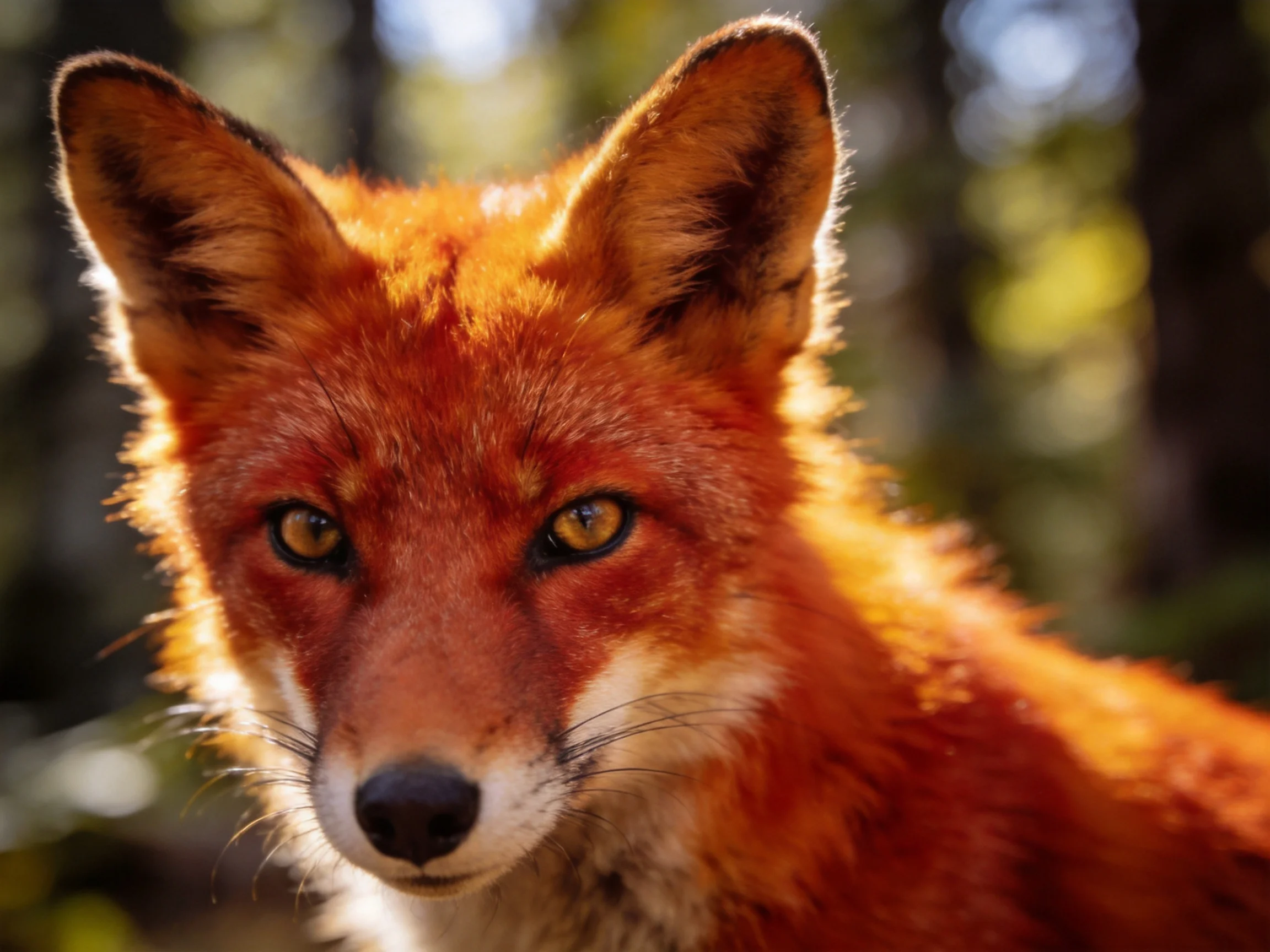Close-up of a red fox with golden eyes in sunlit woodland