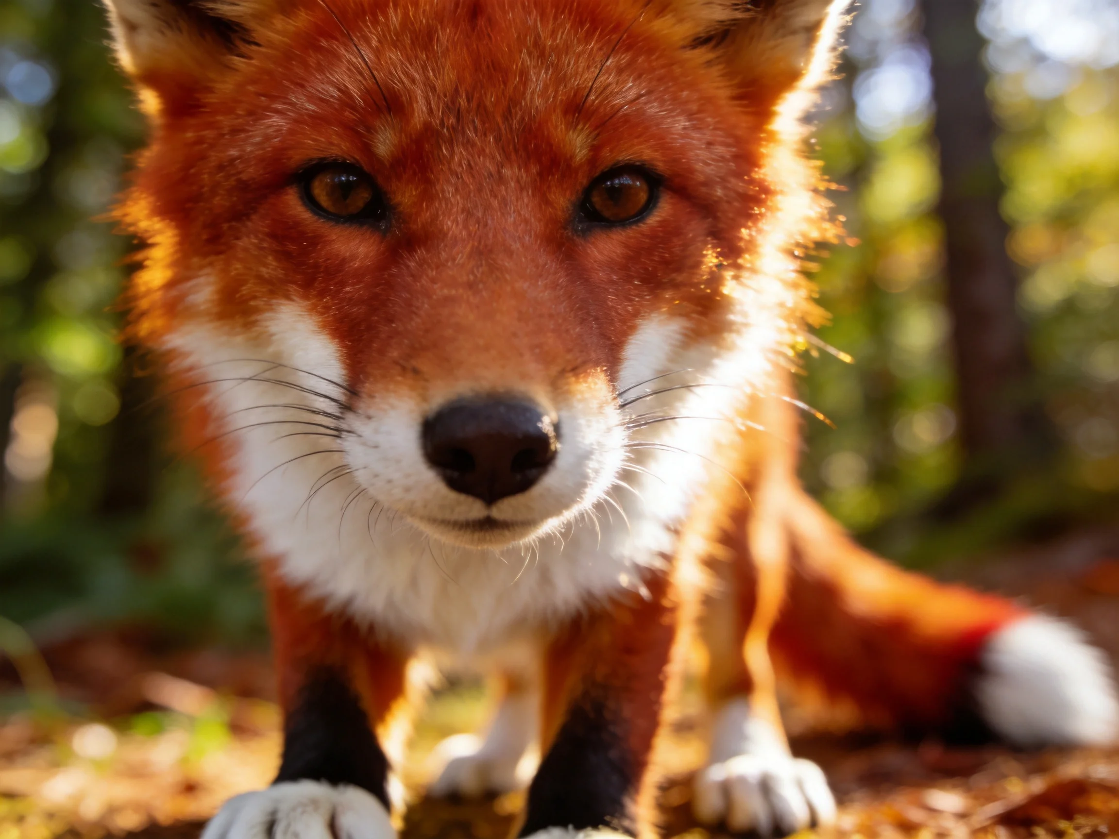 Close - up of a reddish - orange fox with white markings in a forest