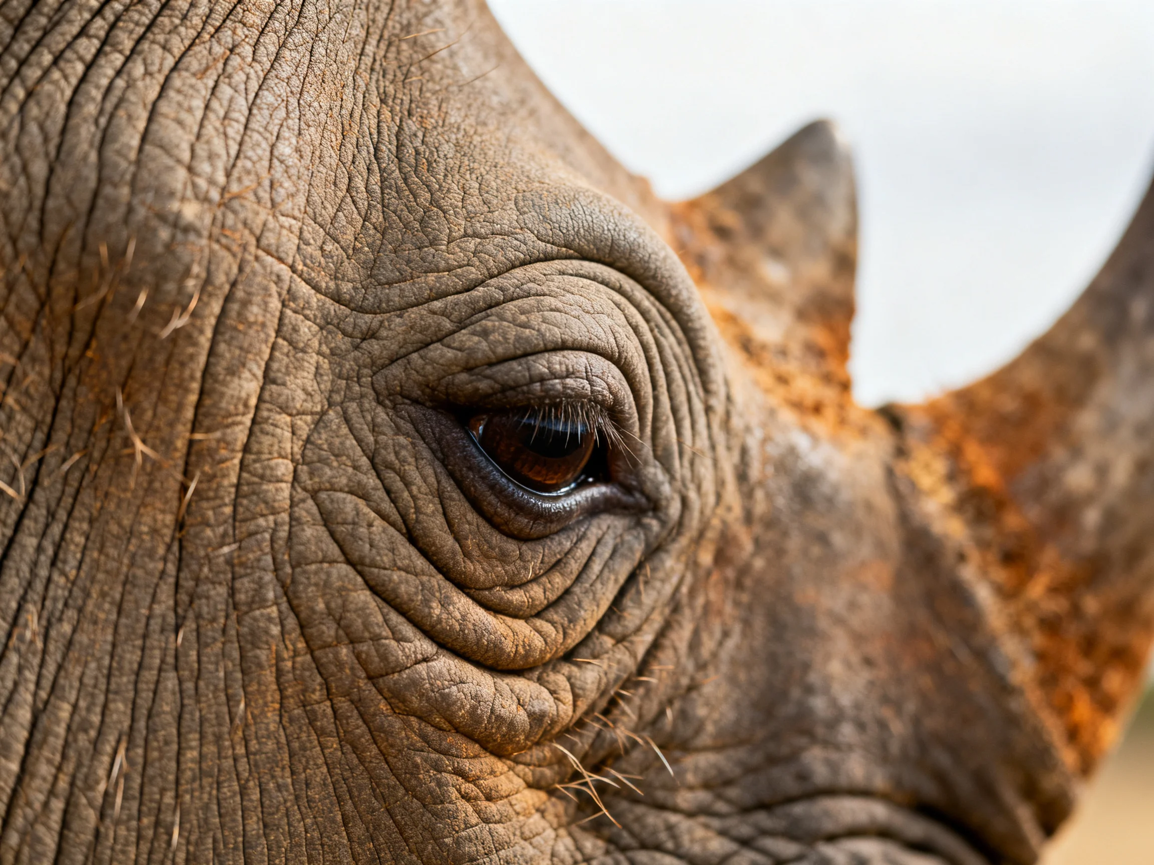 A close - up shows a rhinos eye and textured skin near its horn.