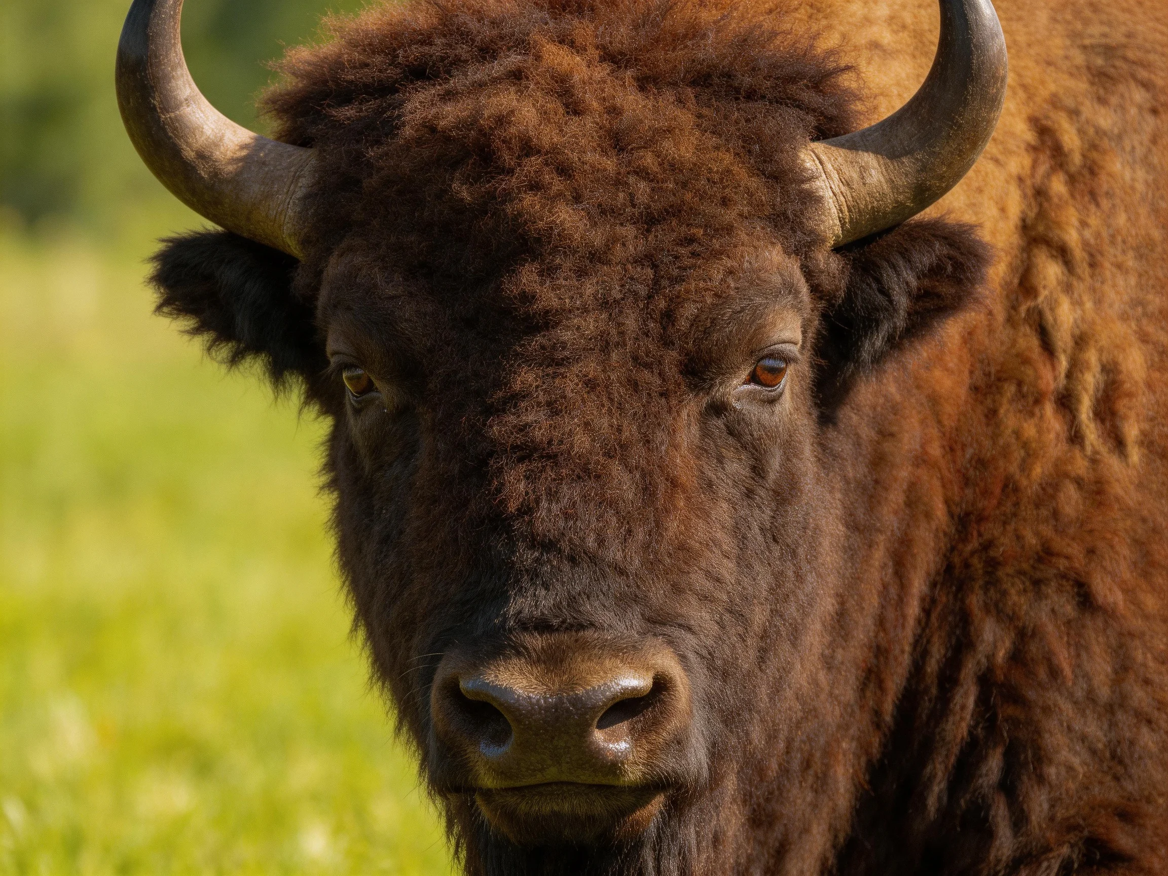 Close-up of a robust brown bison with large curved horns