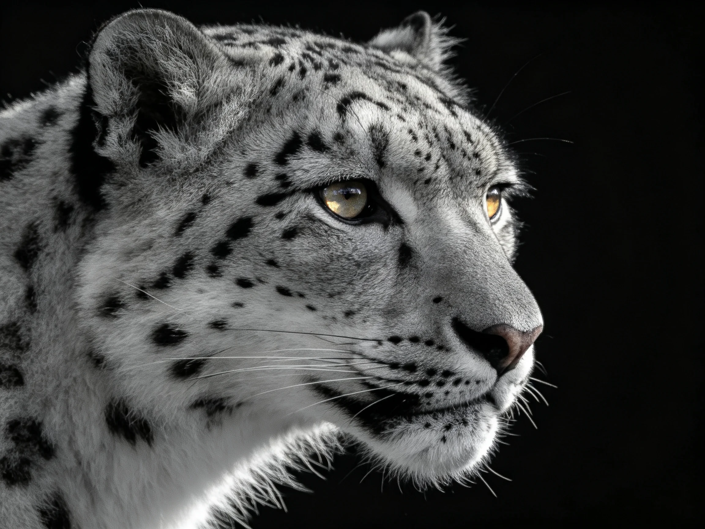 Close - up of a snow leopard with spotted fur and golden eyes