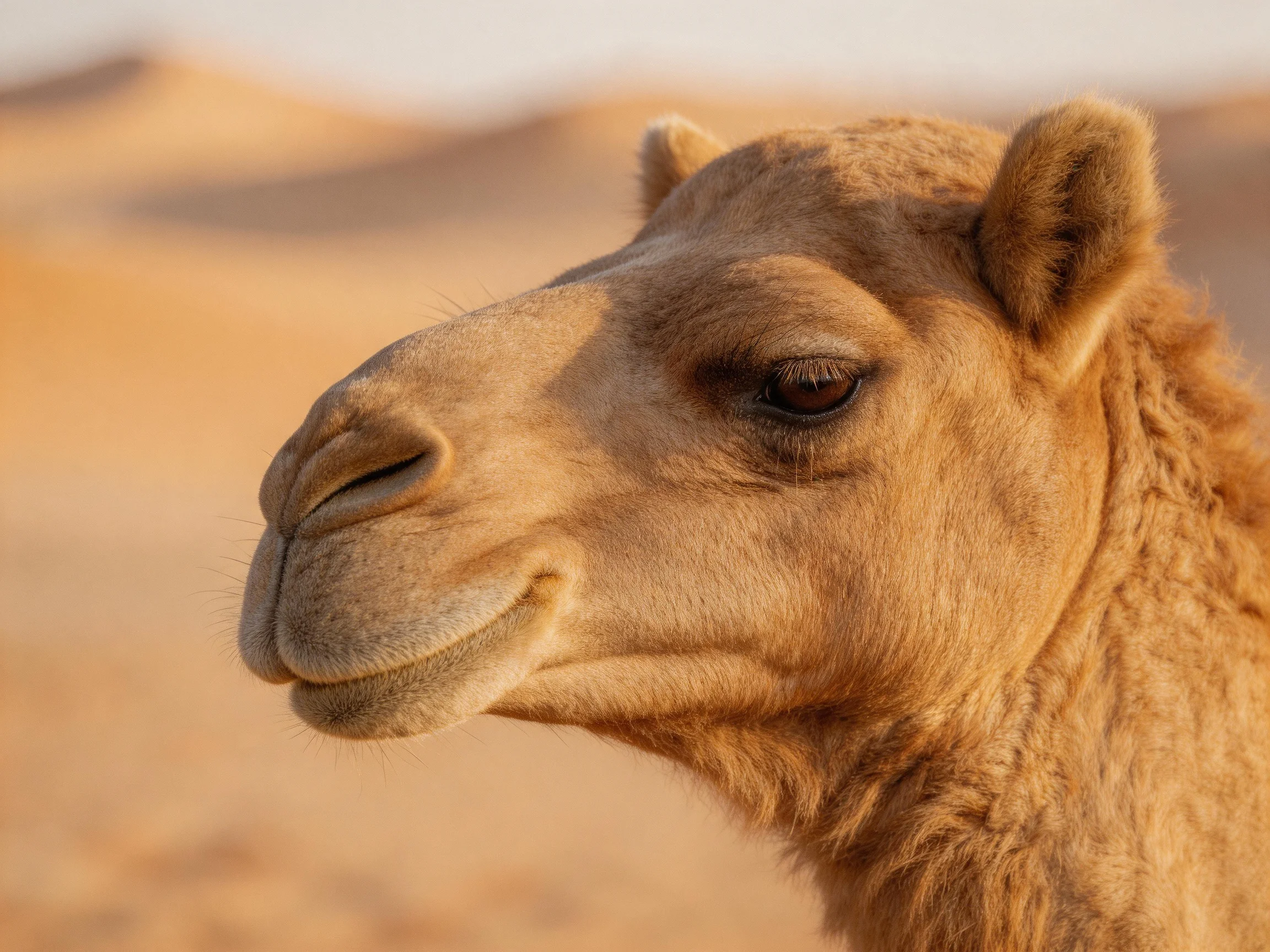 Close - up of a tan camel in a sandy desert landscape