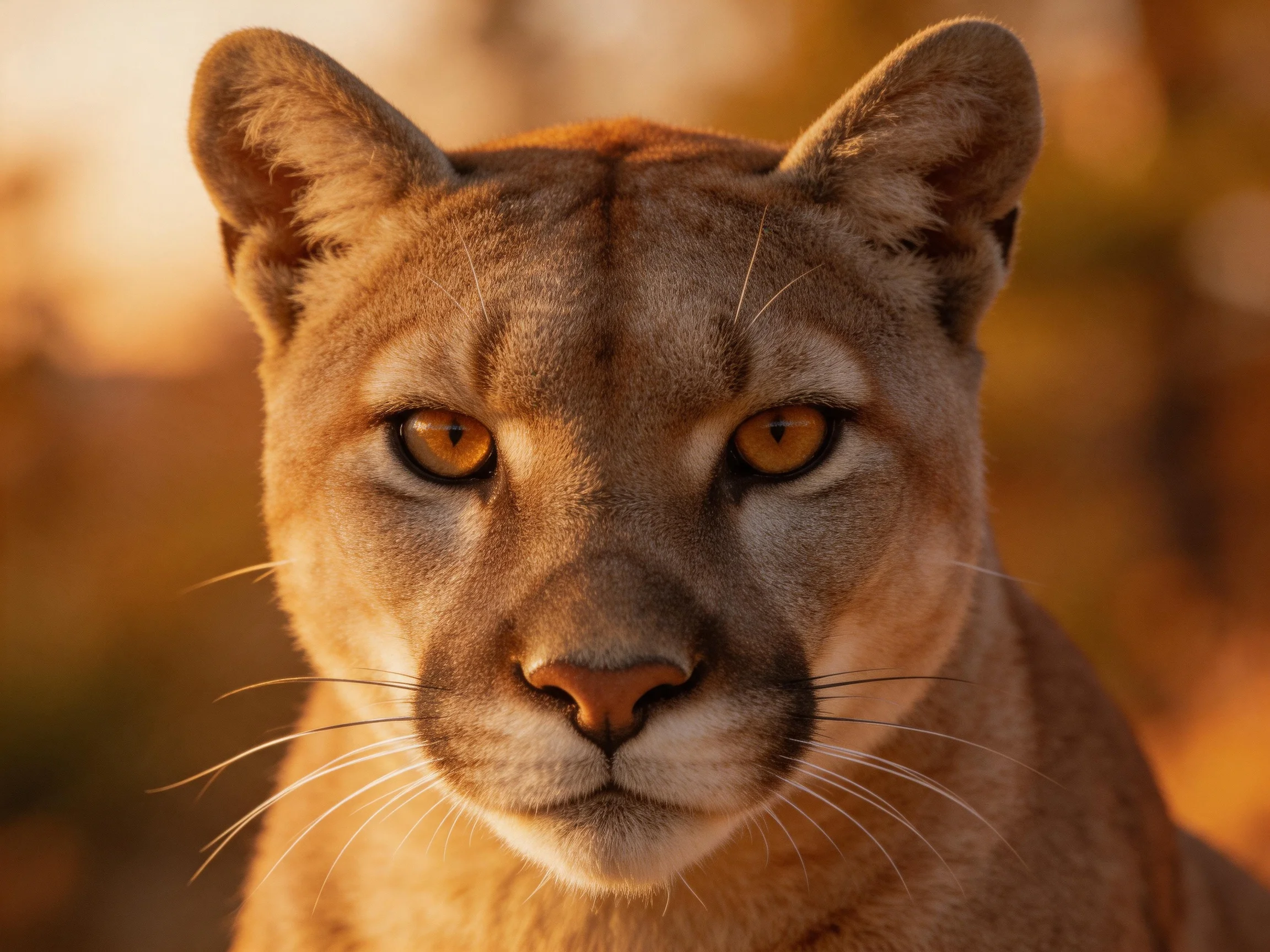 Close - up of a tan cougar with amber eyes in a warm, blurred landscape