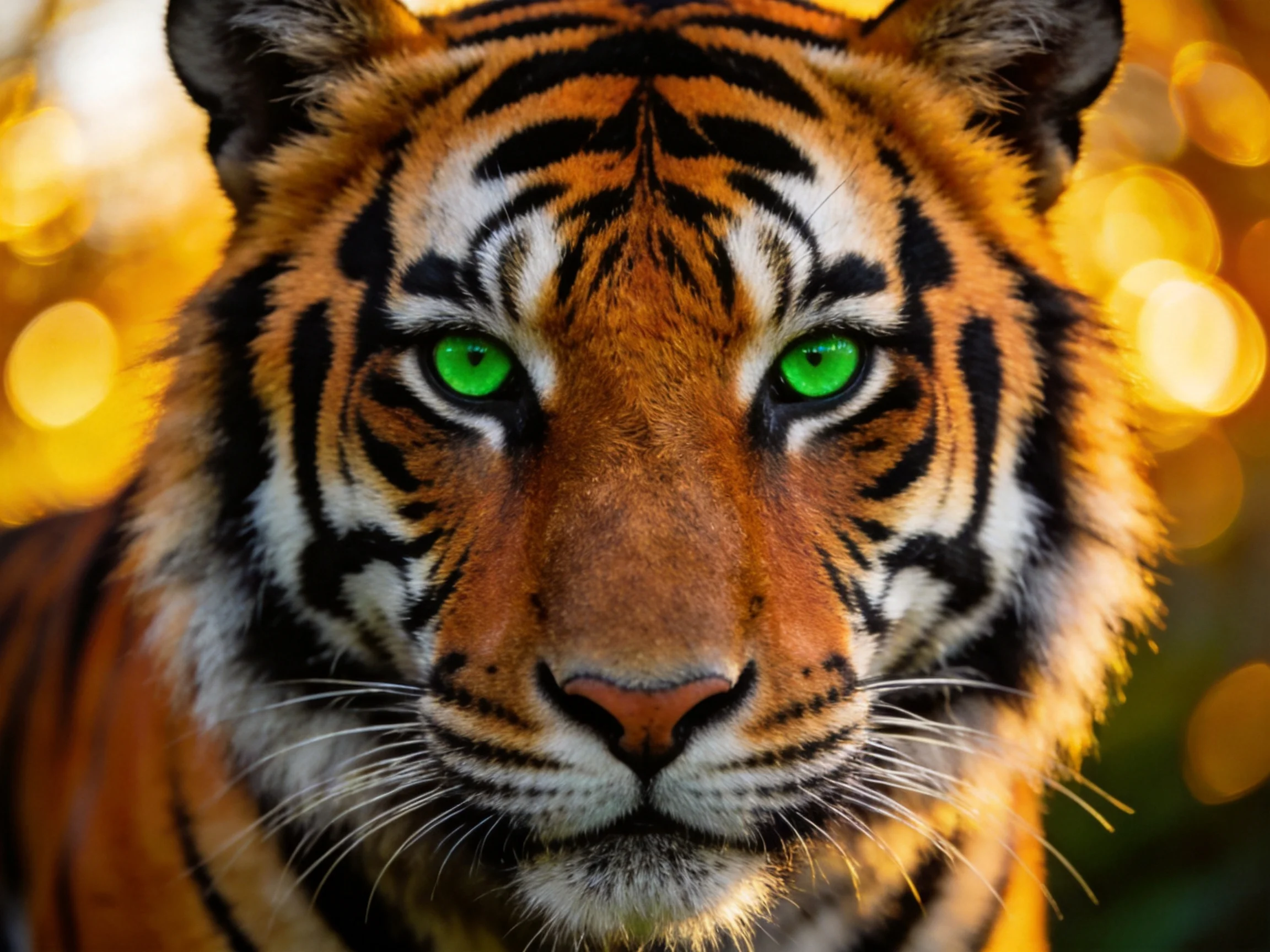Close-up of a tiger with vivid green eyes and distinctive black markings