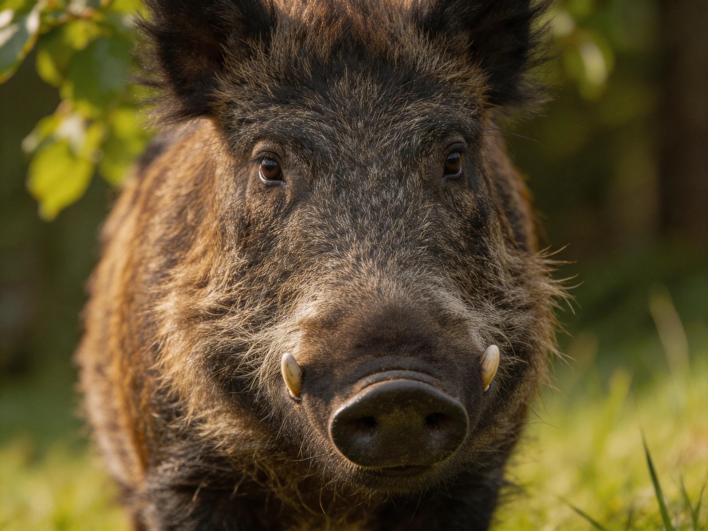 Close-up of a wild boar with dark brown fur and tusks