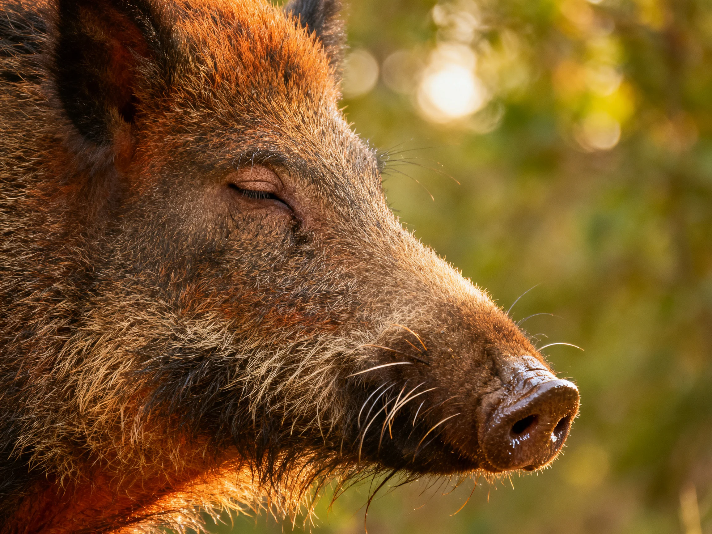 Close - up of a wild boar with reddish - brown fur in a sunlit forest
