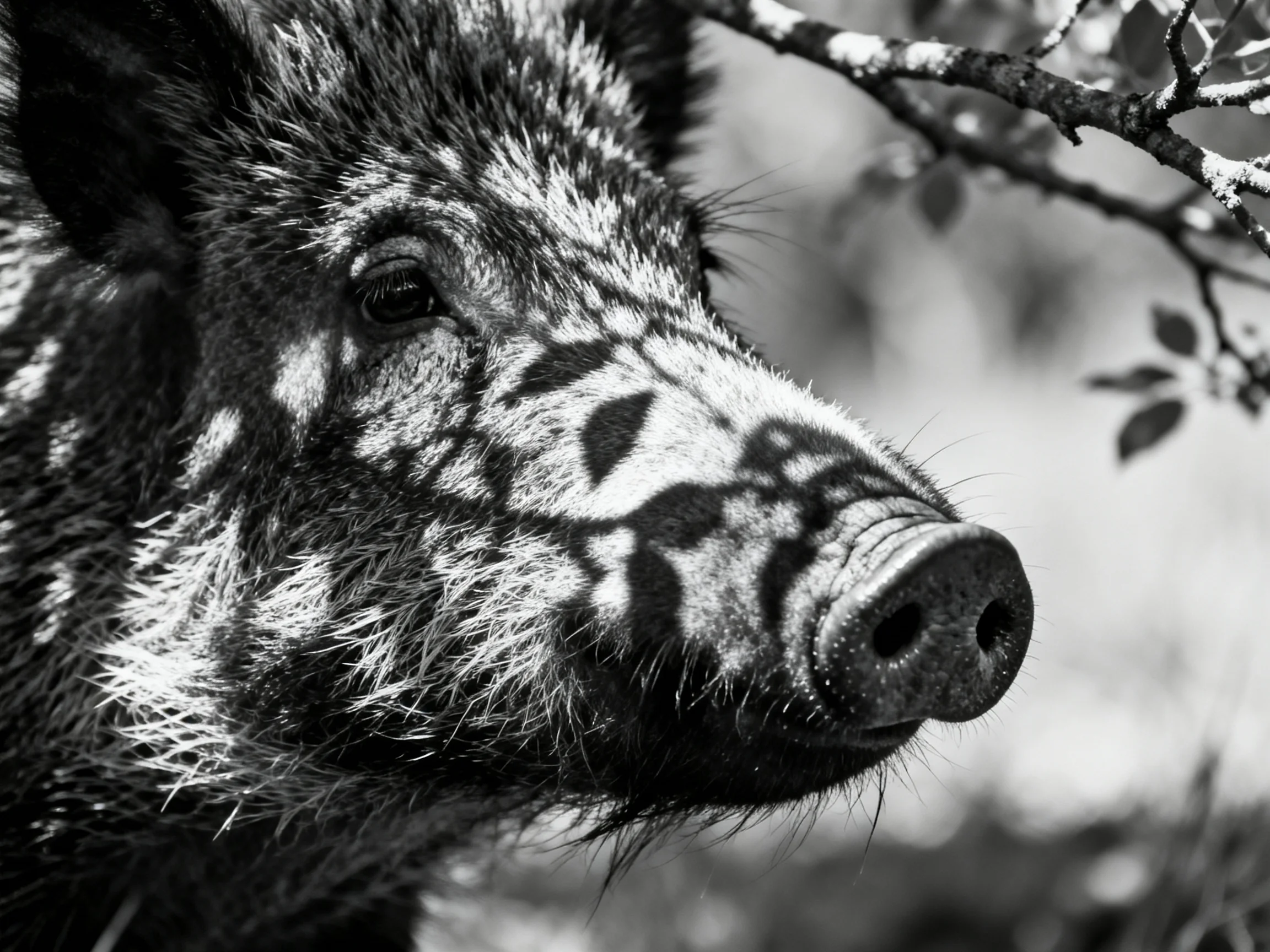Close - up of a wild boar with rough, spotted fur near tree branches