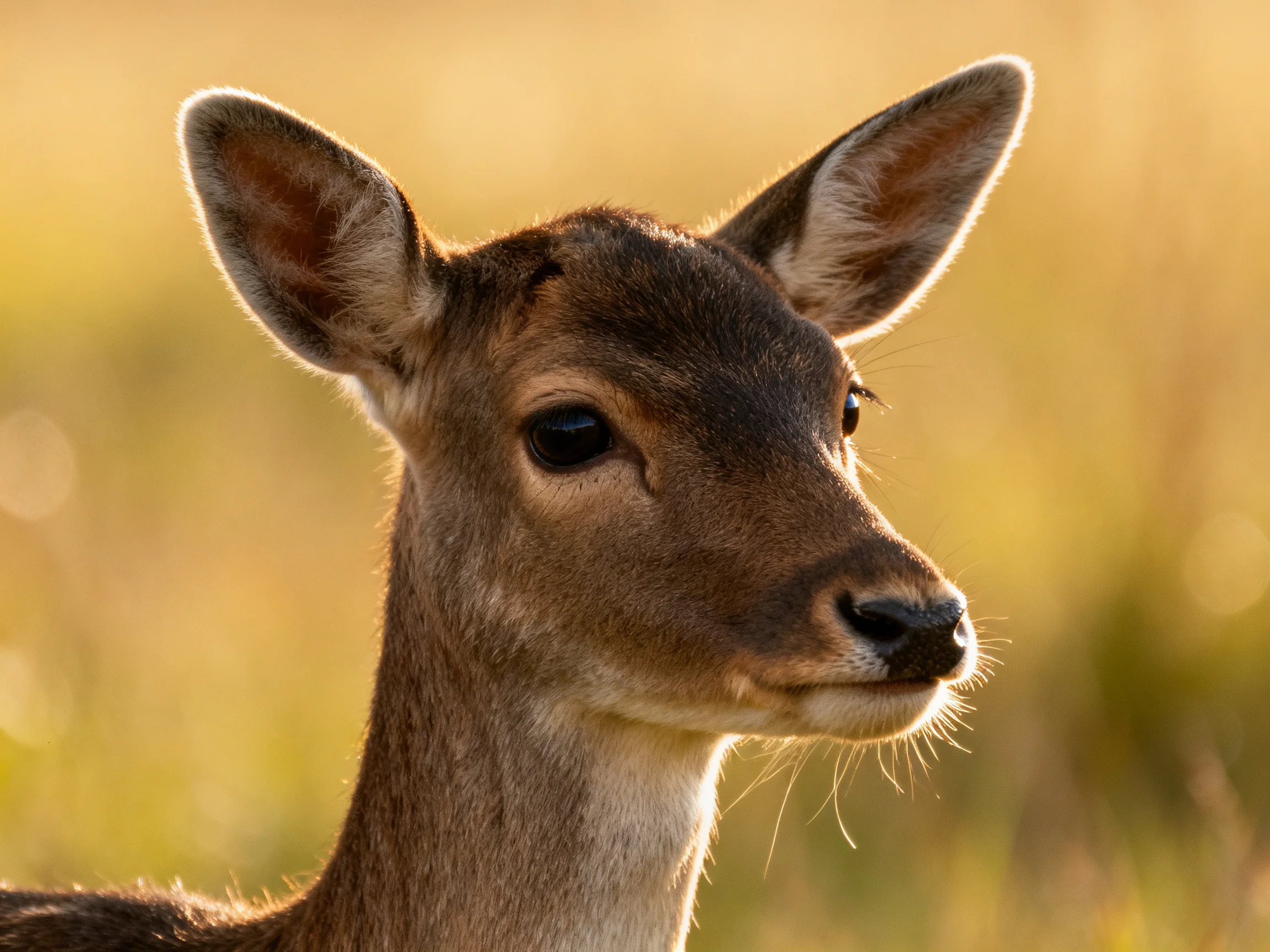 A close - up of a young deer with large ears in a sunlit meadow.