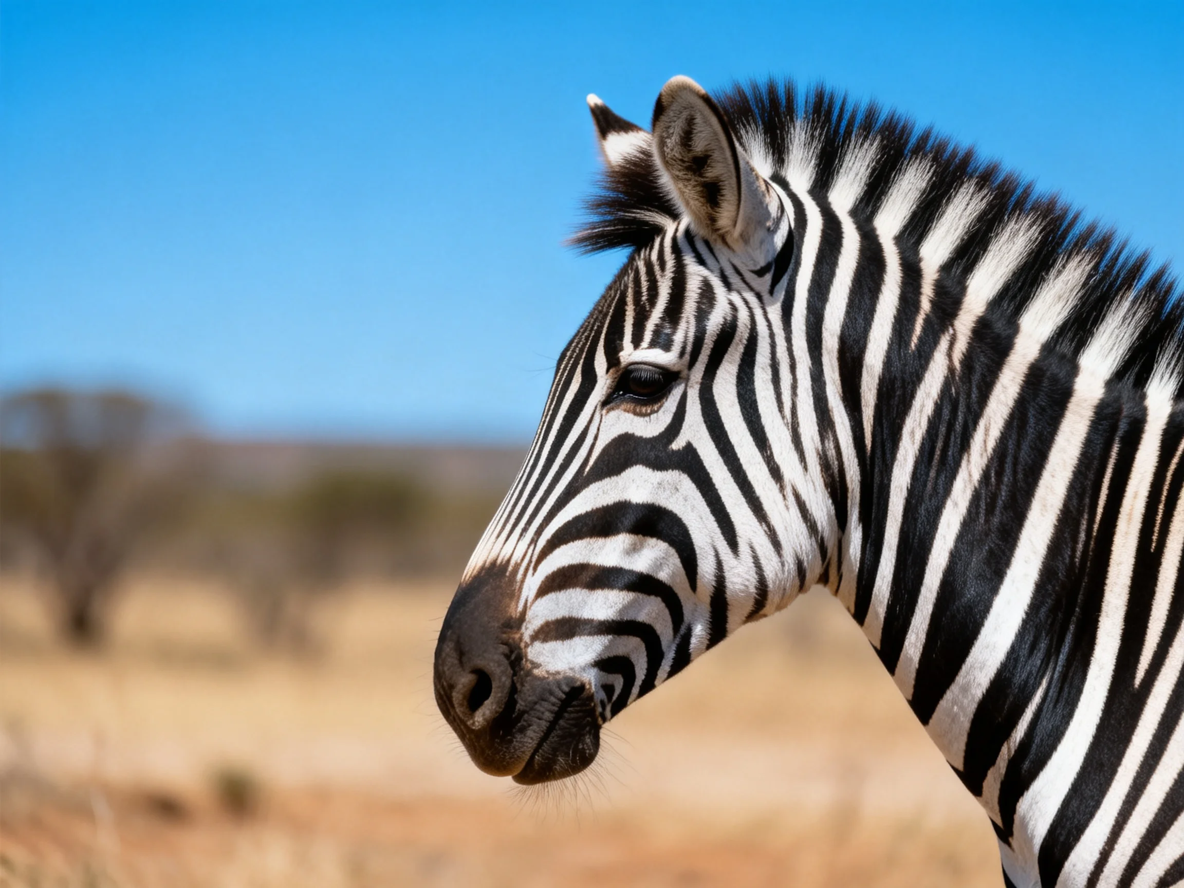 Close-up of a zebra with bold black and white stripes in a savannah setting