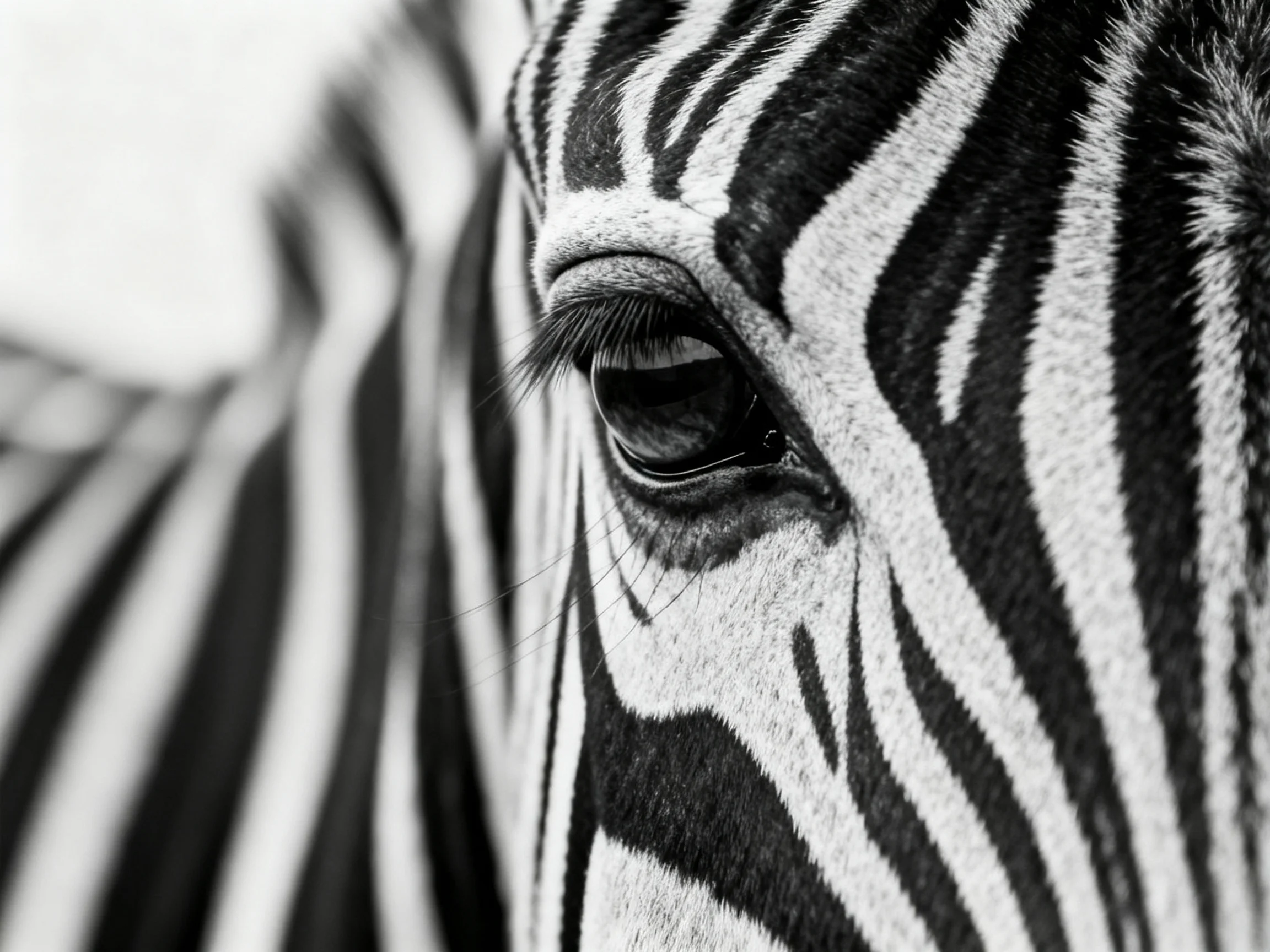 Close-up of a zebra’s eye with bold black and white stripe patterns