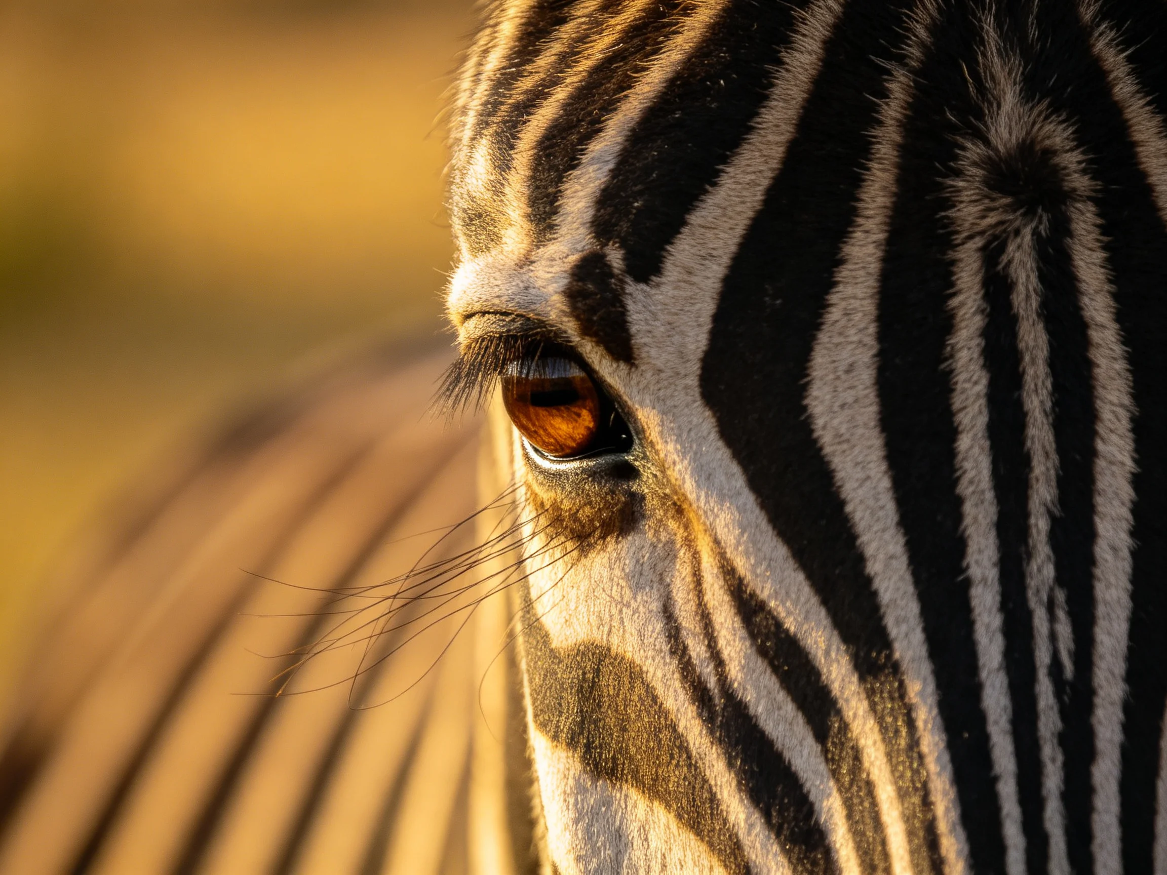 Close - up of a zebra’s eye with bold black stripes