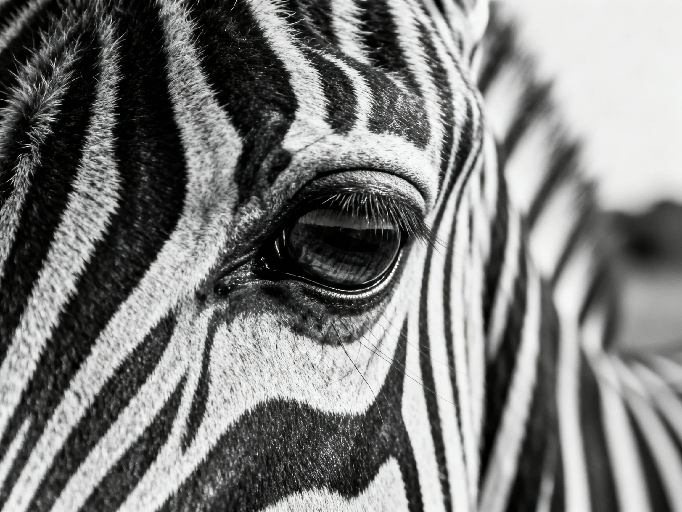 A close-up reveals a zebra’s eye amid bold black and white striped patterns.