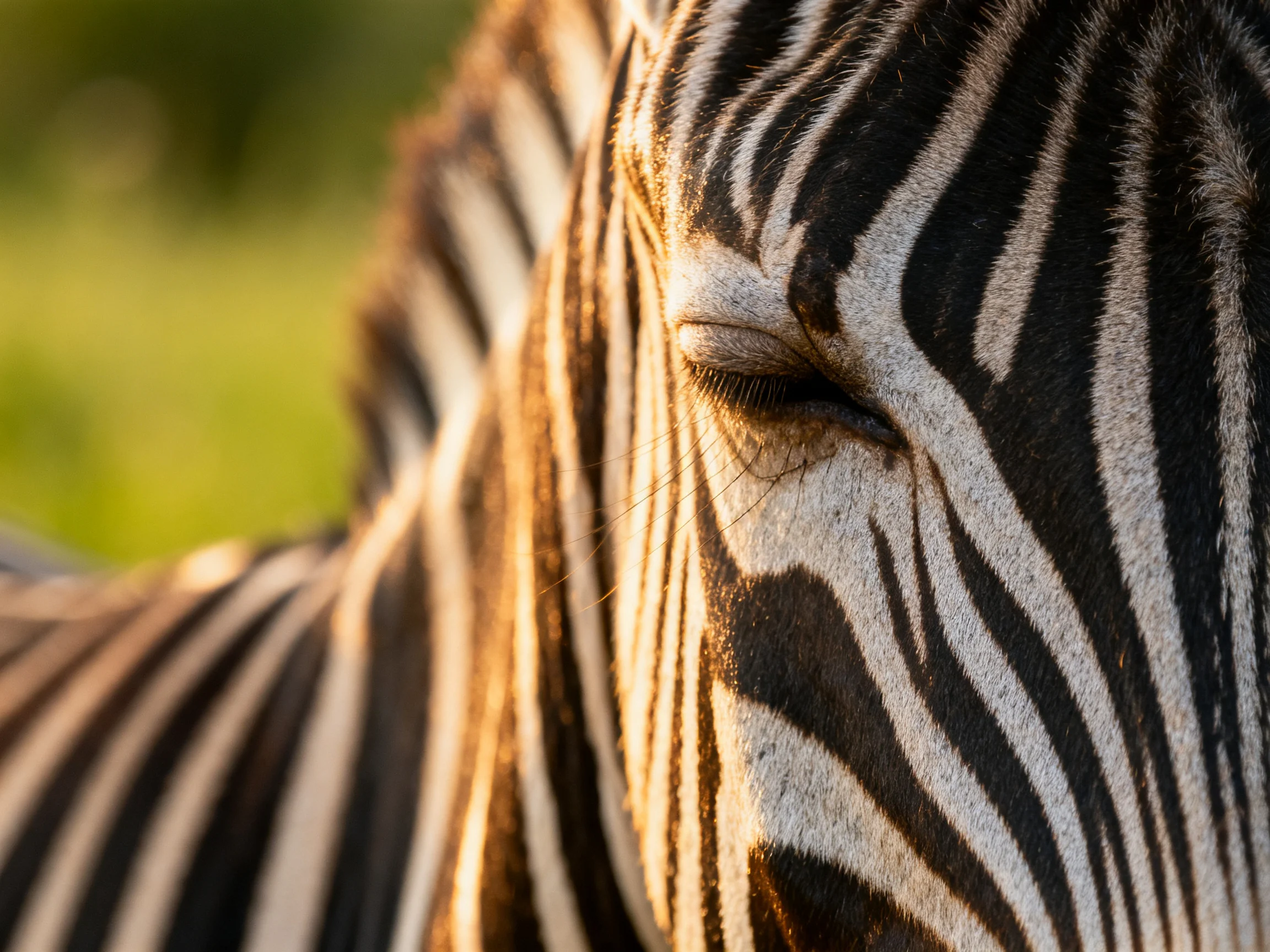 Close-up of a zebra’s face with bold black and white striped patterns