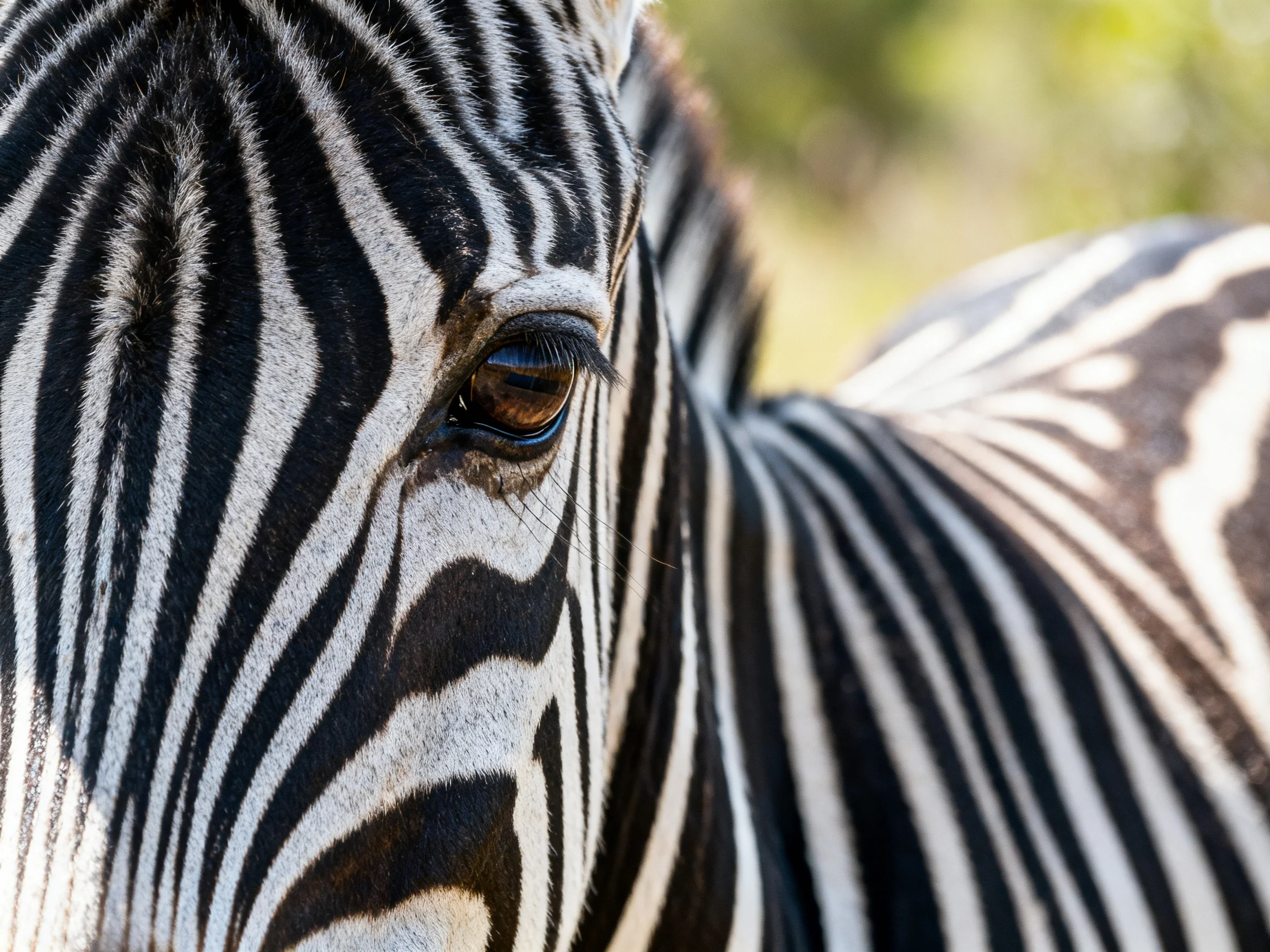Close-up of a zebra’s face with bold black and white stripes