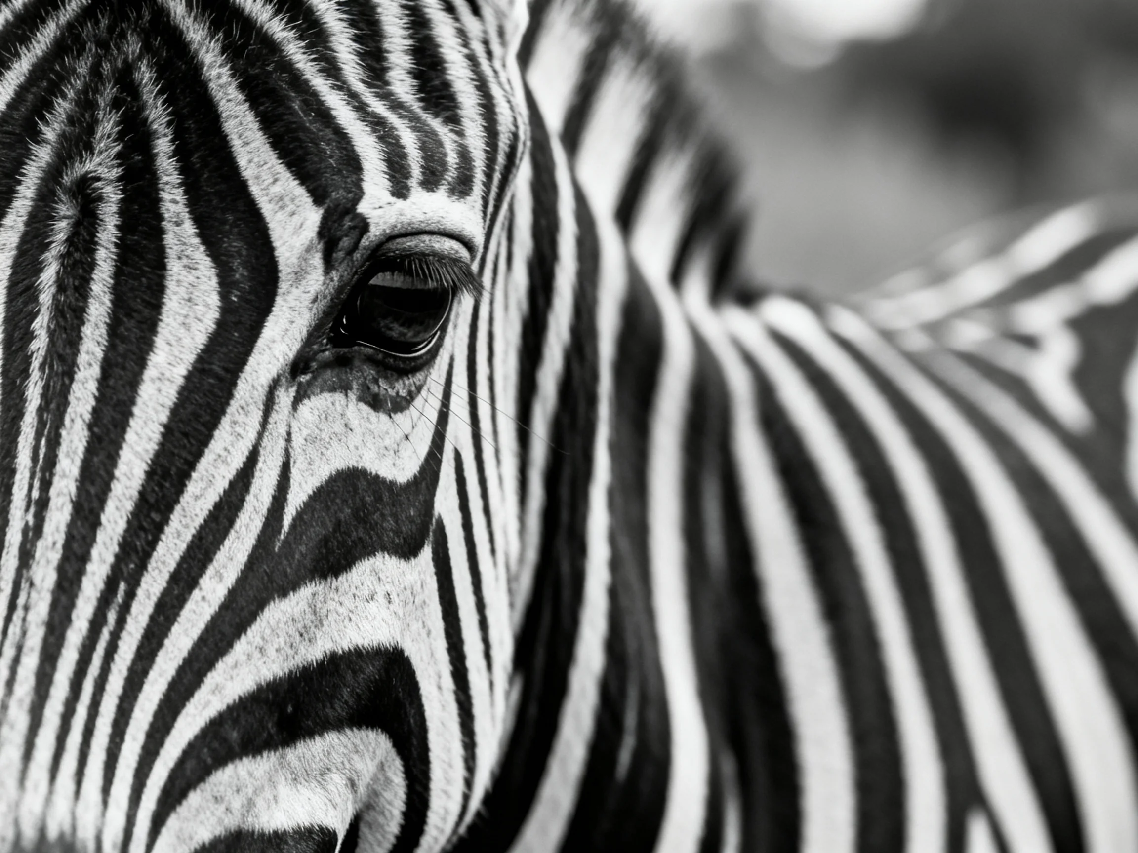 Close-up of a zebra’s face with bold black and white stripes