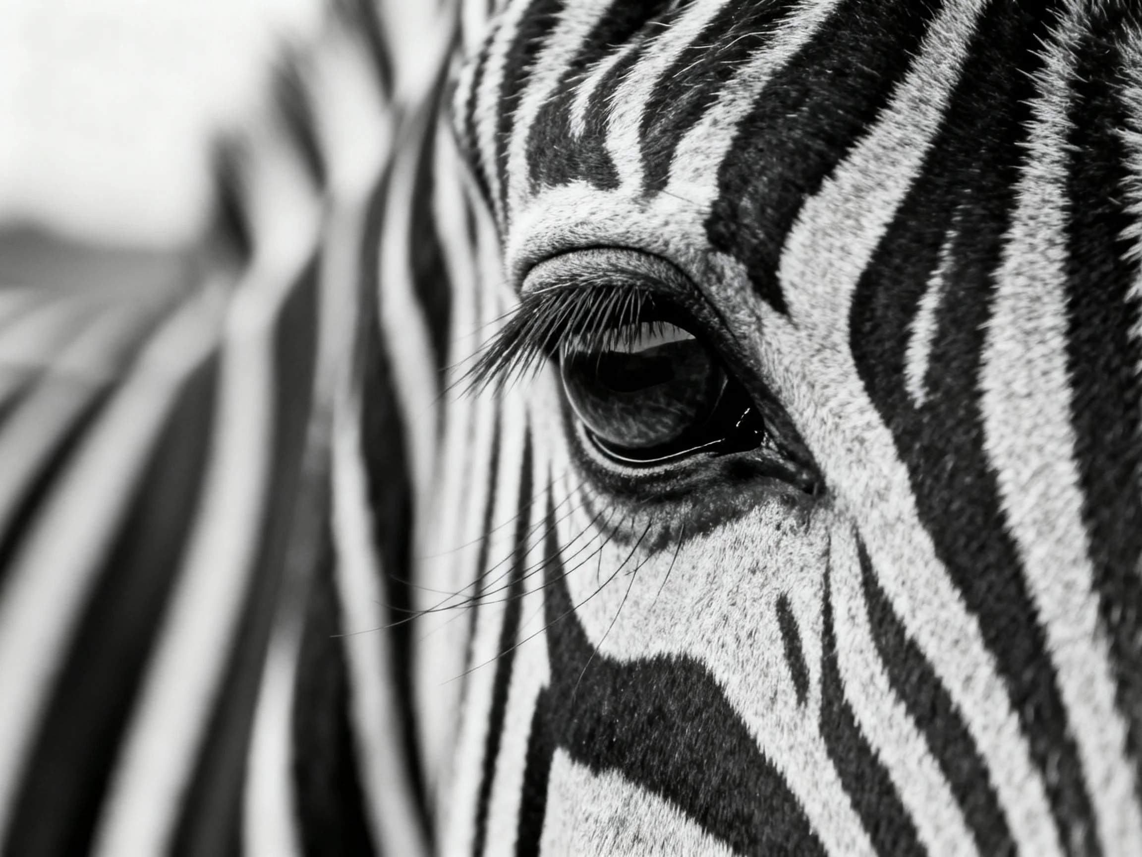 Close-up of a zebras eye with bold black and white striped patterns