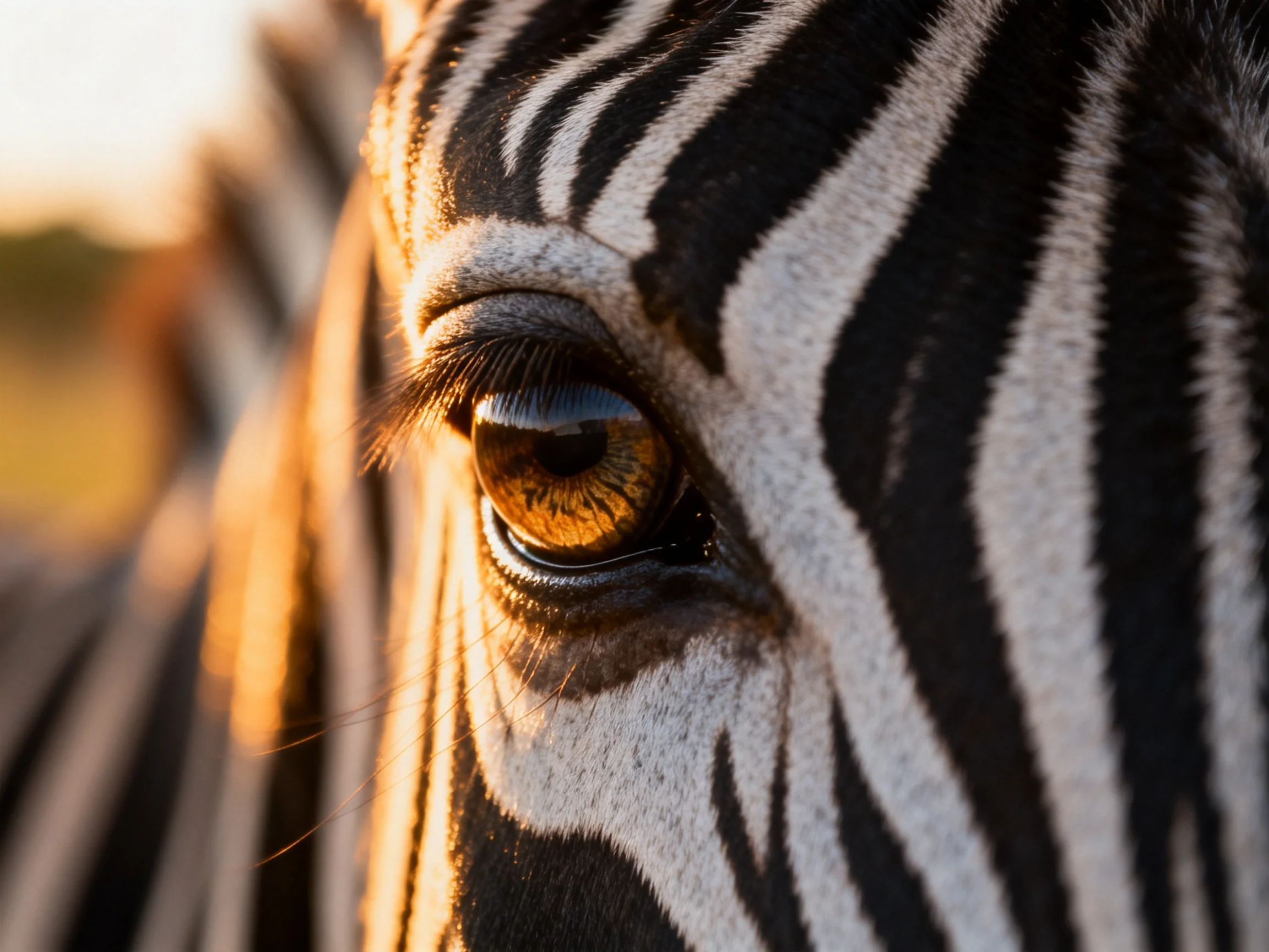 Close-up of a zebras eye with golden hues and bold black stripes