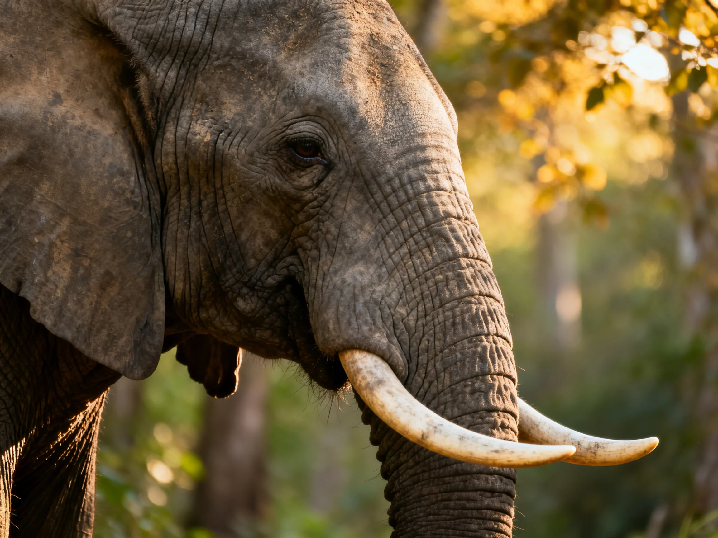 Close - up of an African elephant with large ivory tusks in a sunlit forest
