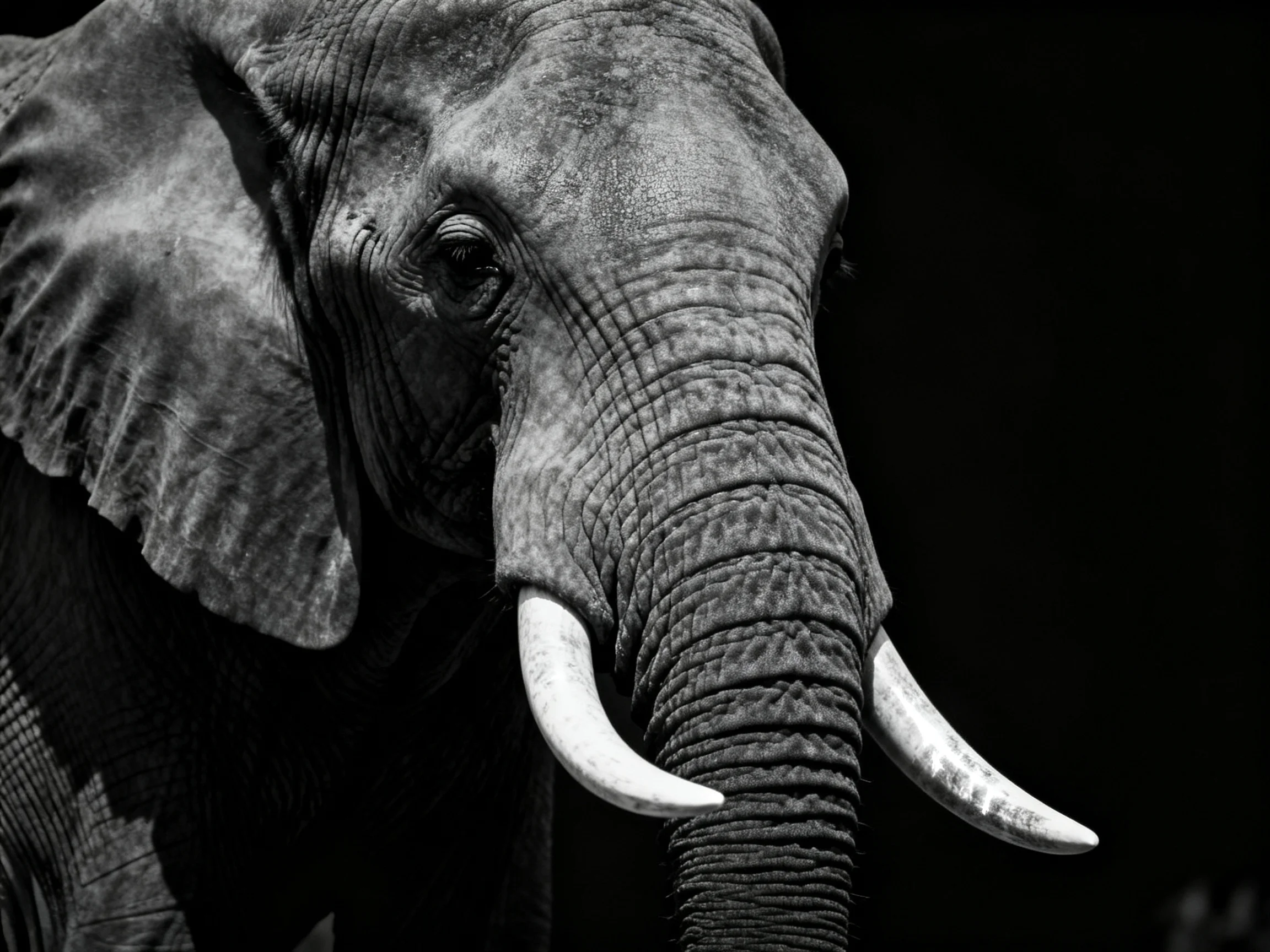 Close-up of an African elephant with wrinkled skin and large tusks