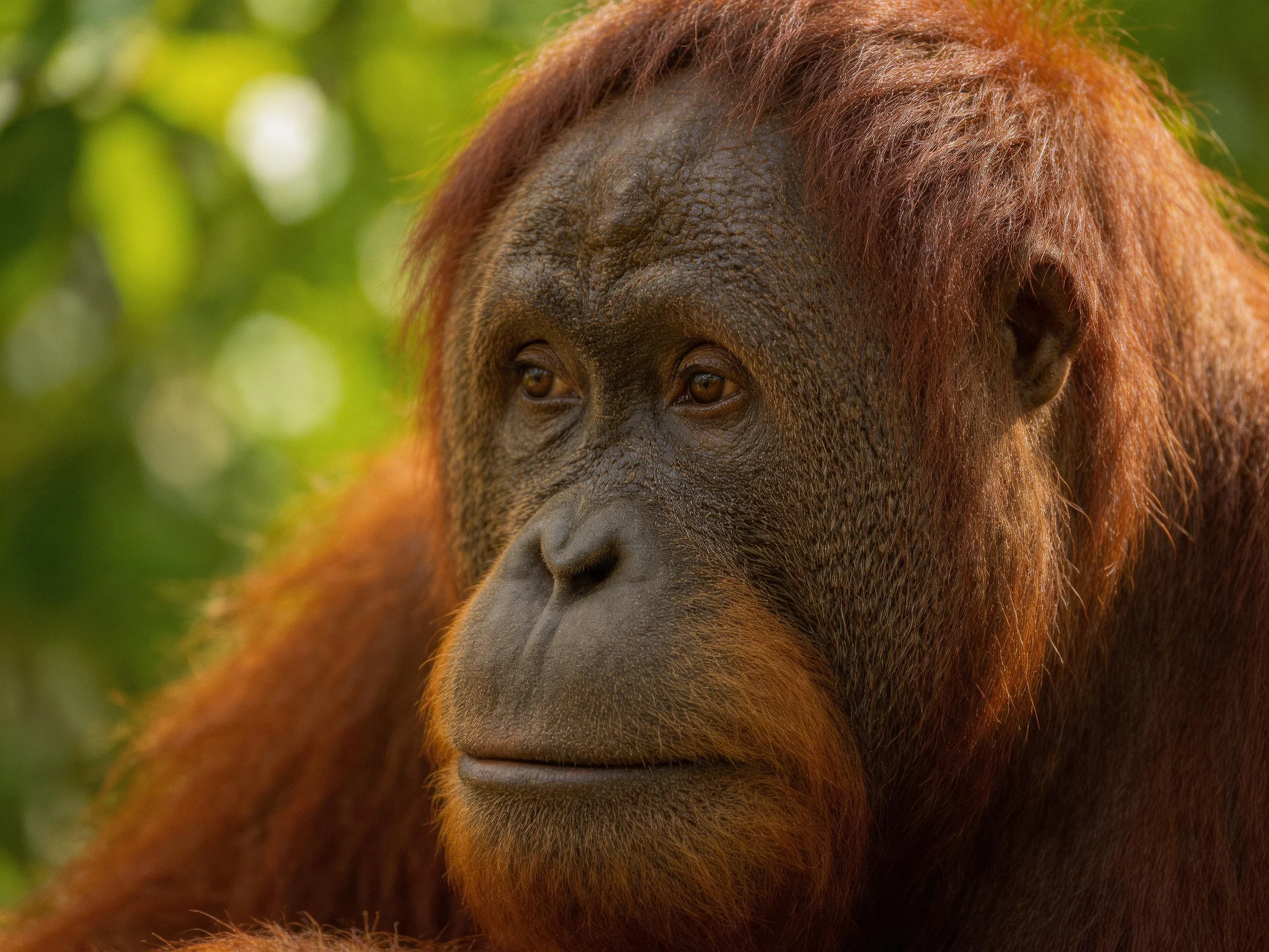 Close - up of an adult orangutan with reddish - brown fur in a lush green environment