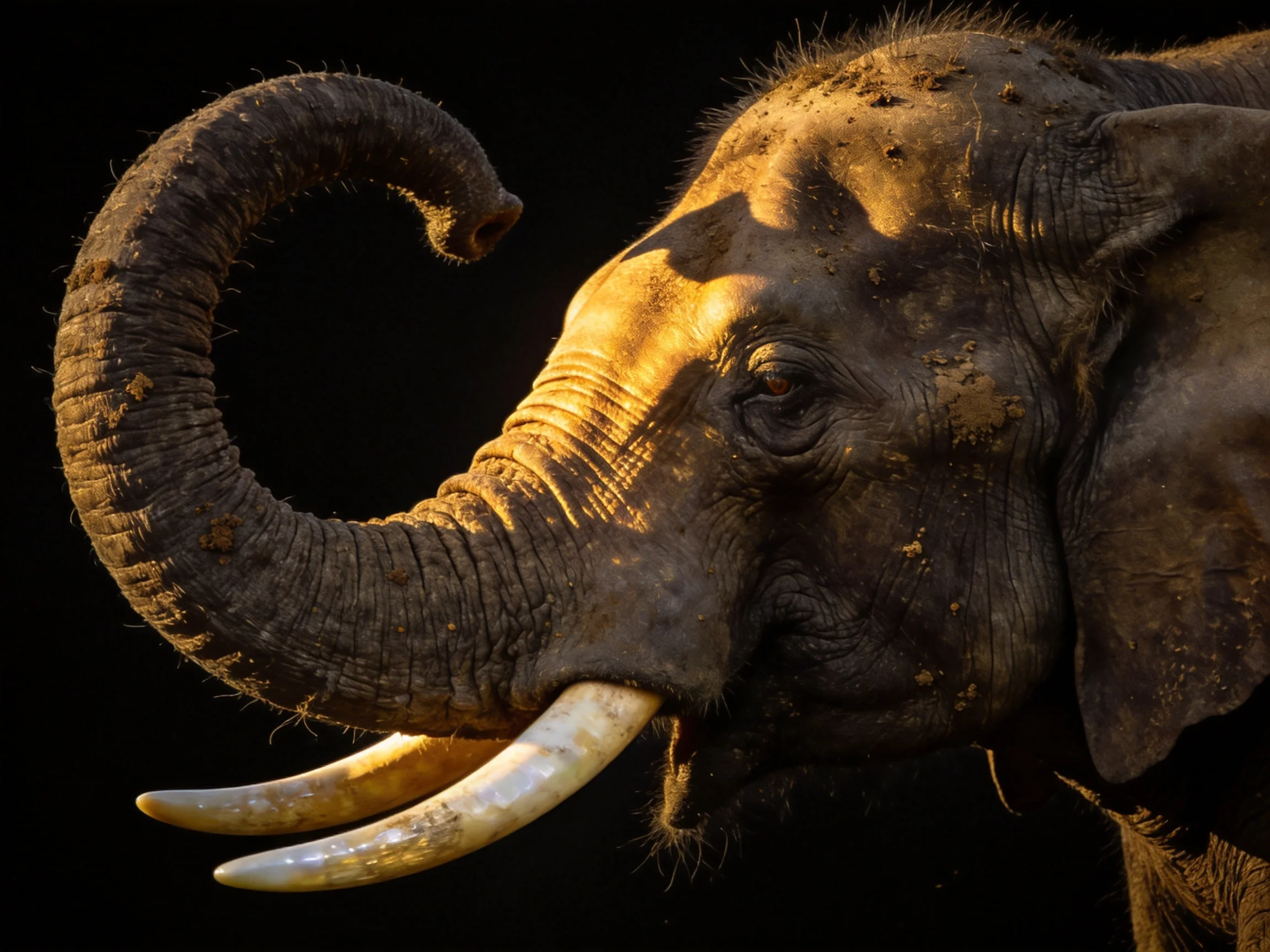 An elephant with ivory tusks and a curved trunk is photographed up close against a dark backdrop.