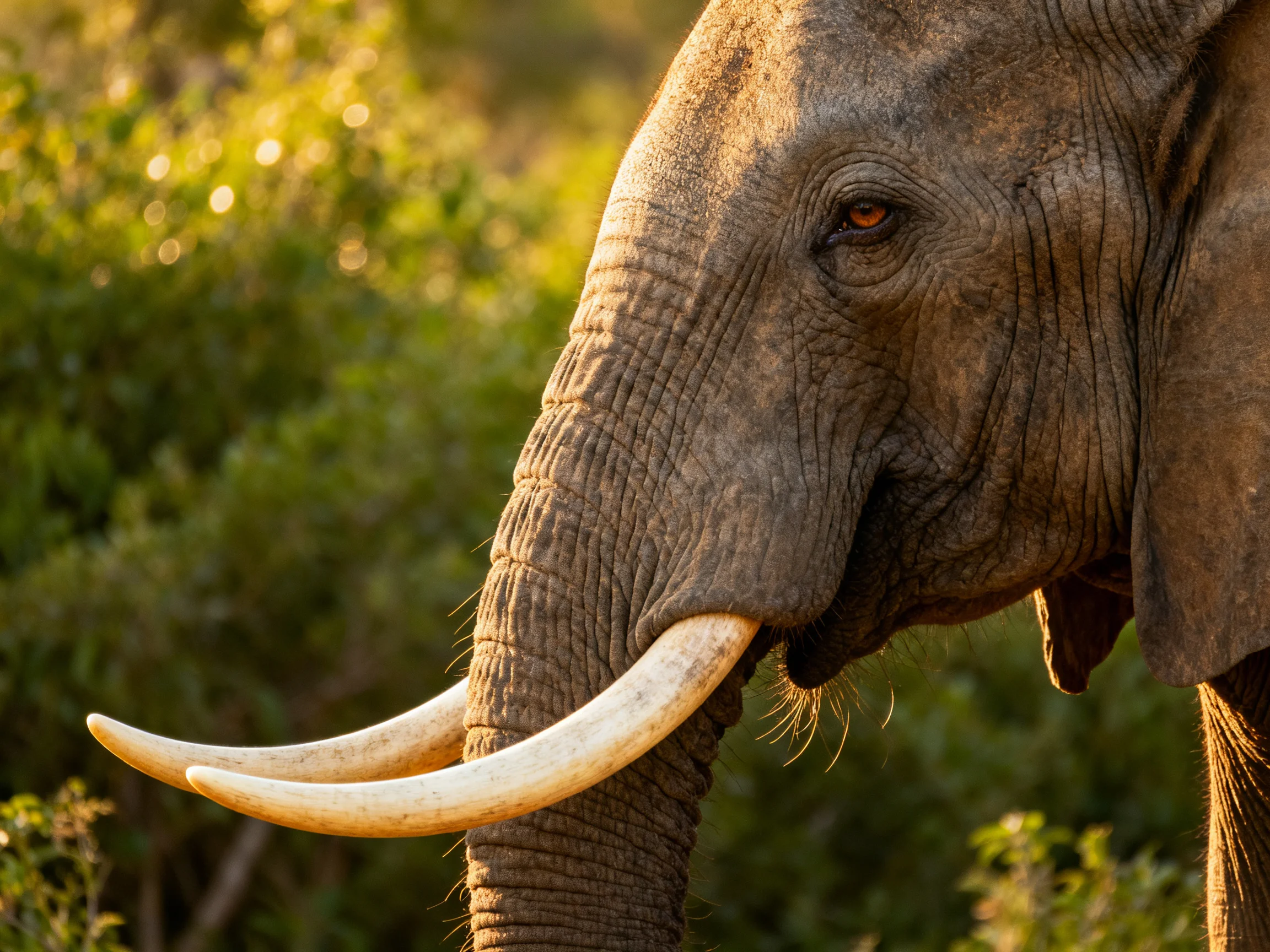 Close - up of an elephant with large ivory tusks in a sunlit forest