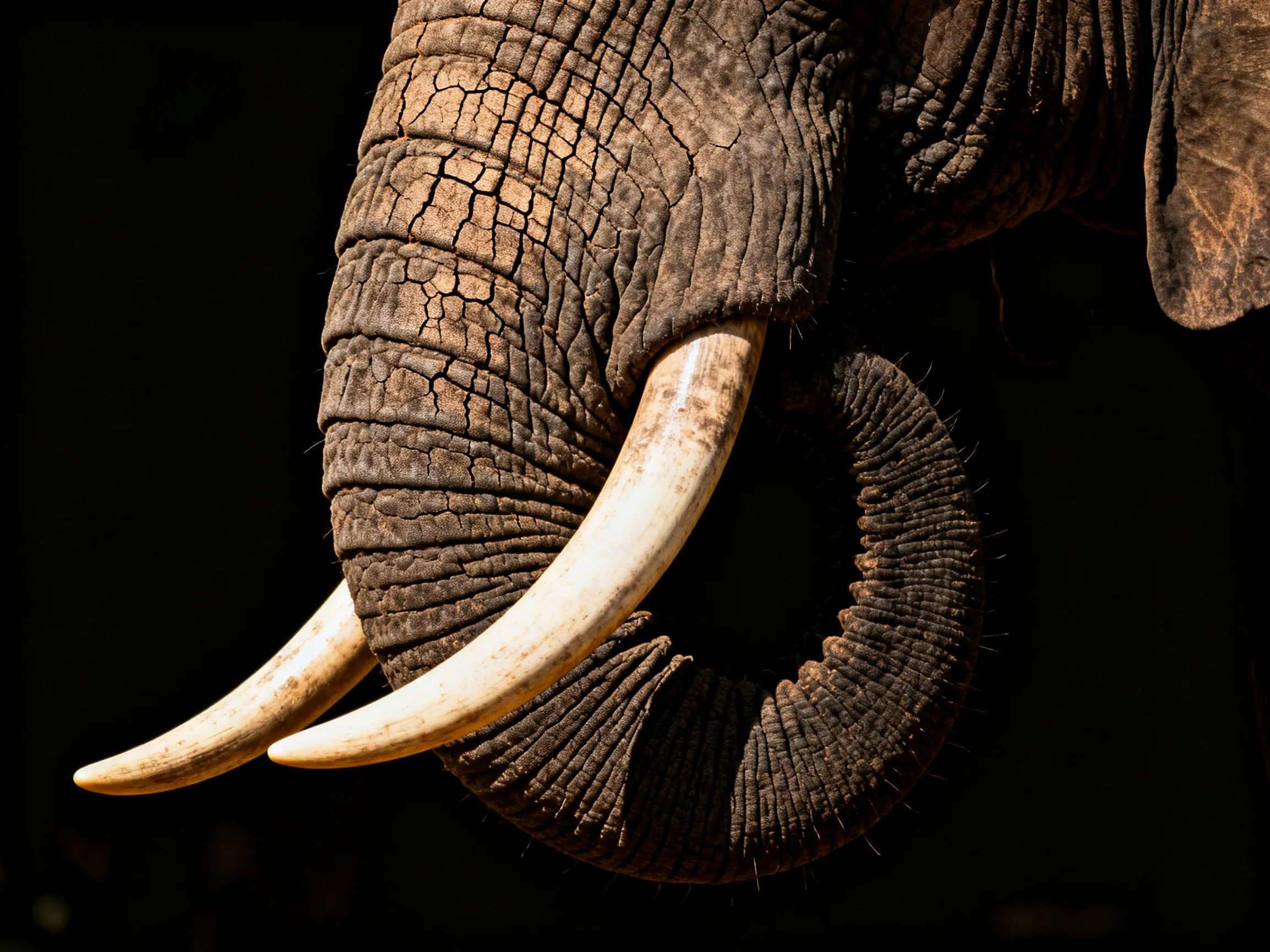 Close-up of an elephants cracked brown skin and ivory tusks