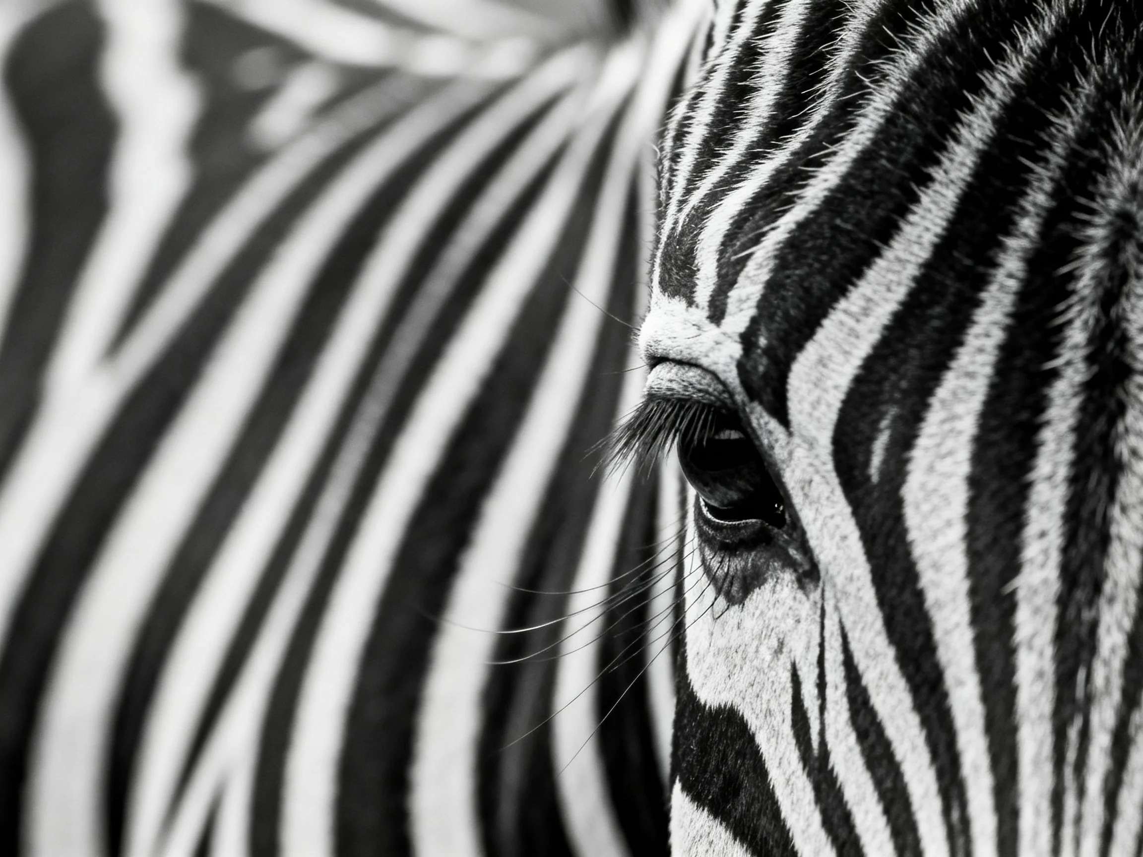 Close - up of zebras’ bold black - white striped patterns and an alert eye