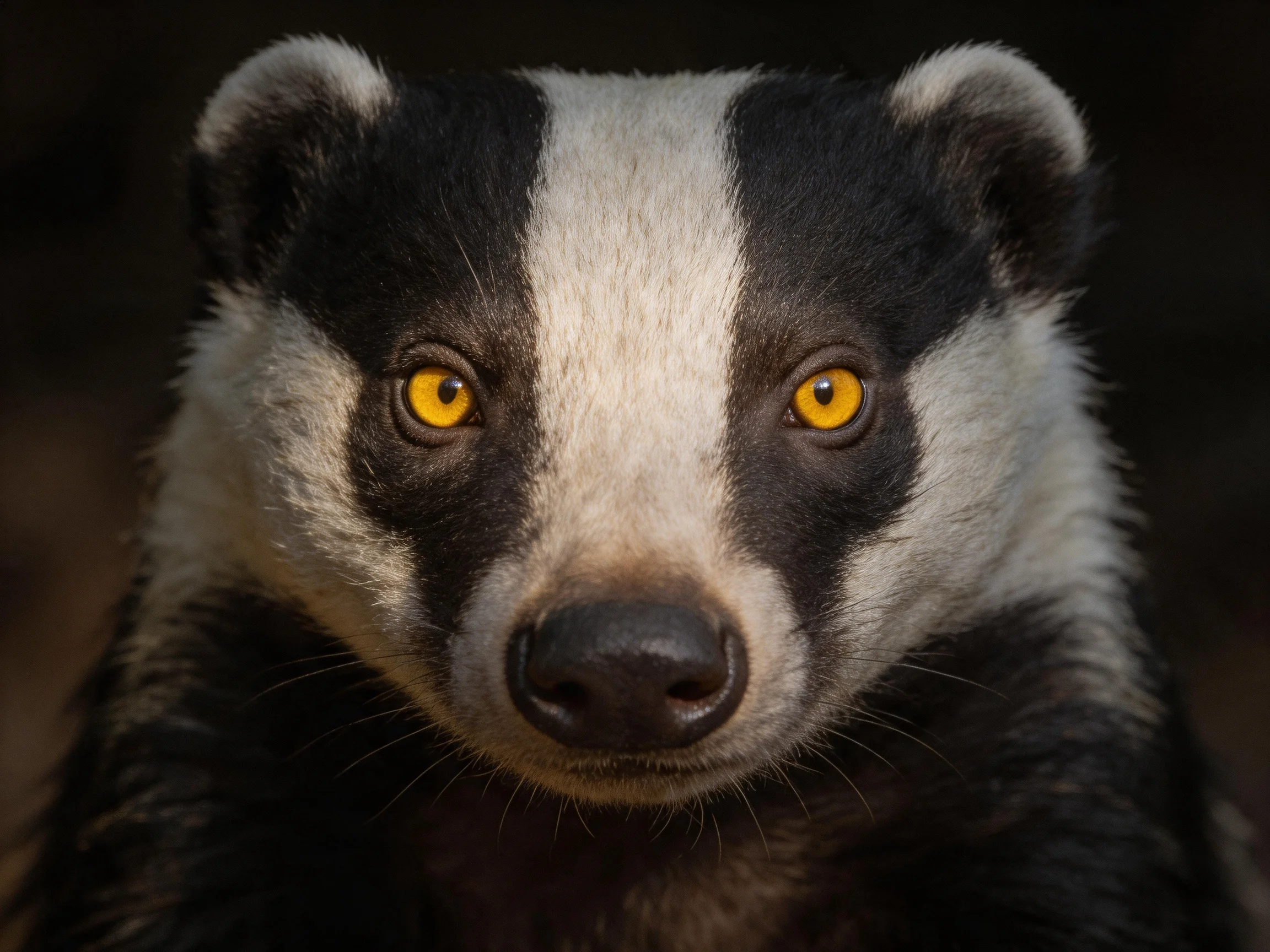 Close-up portrait of a black and white badger with vivid yellow eyes