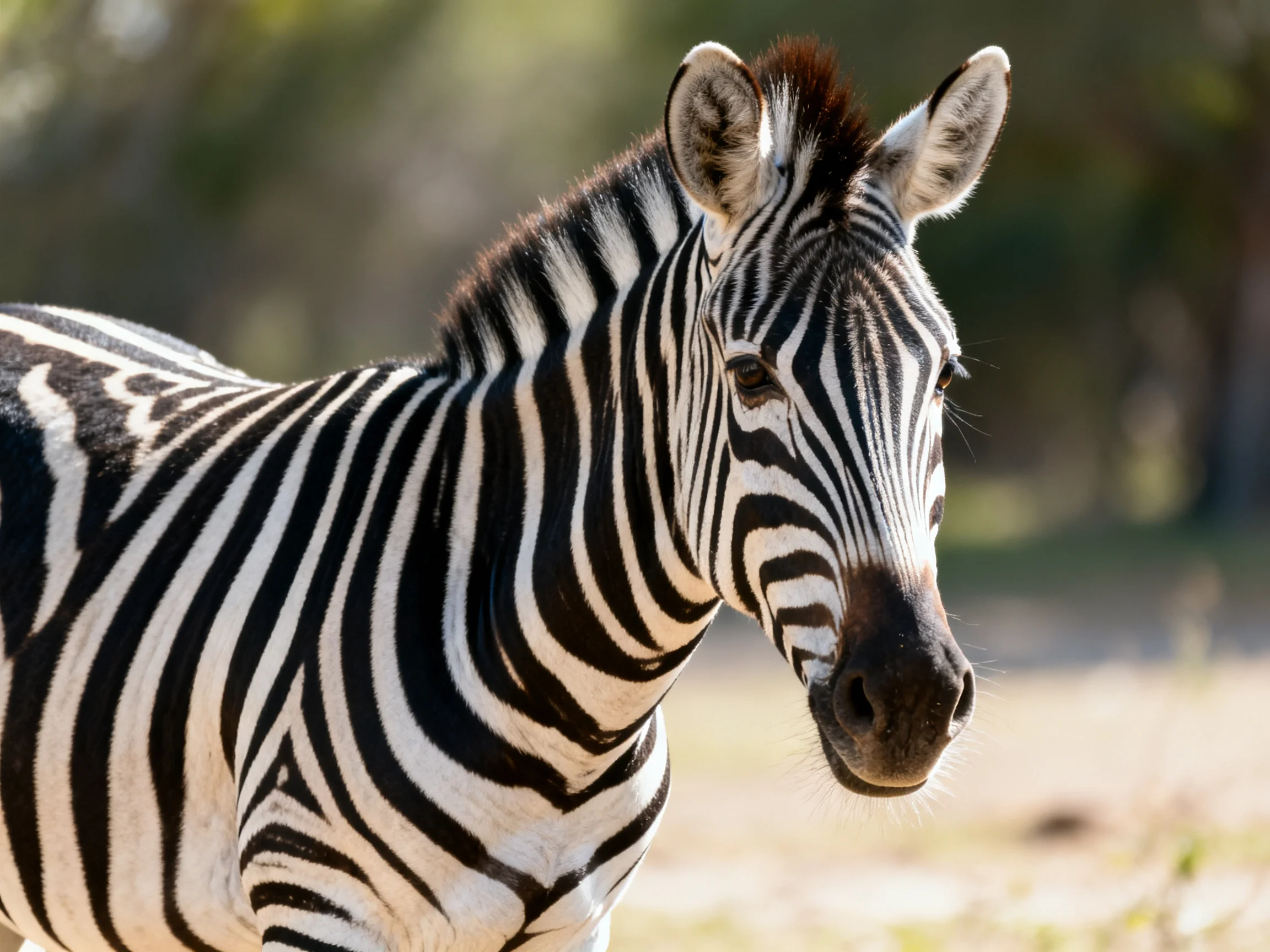 Close-up portrait of a black-and-white striped zebra in natural daylight