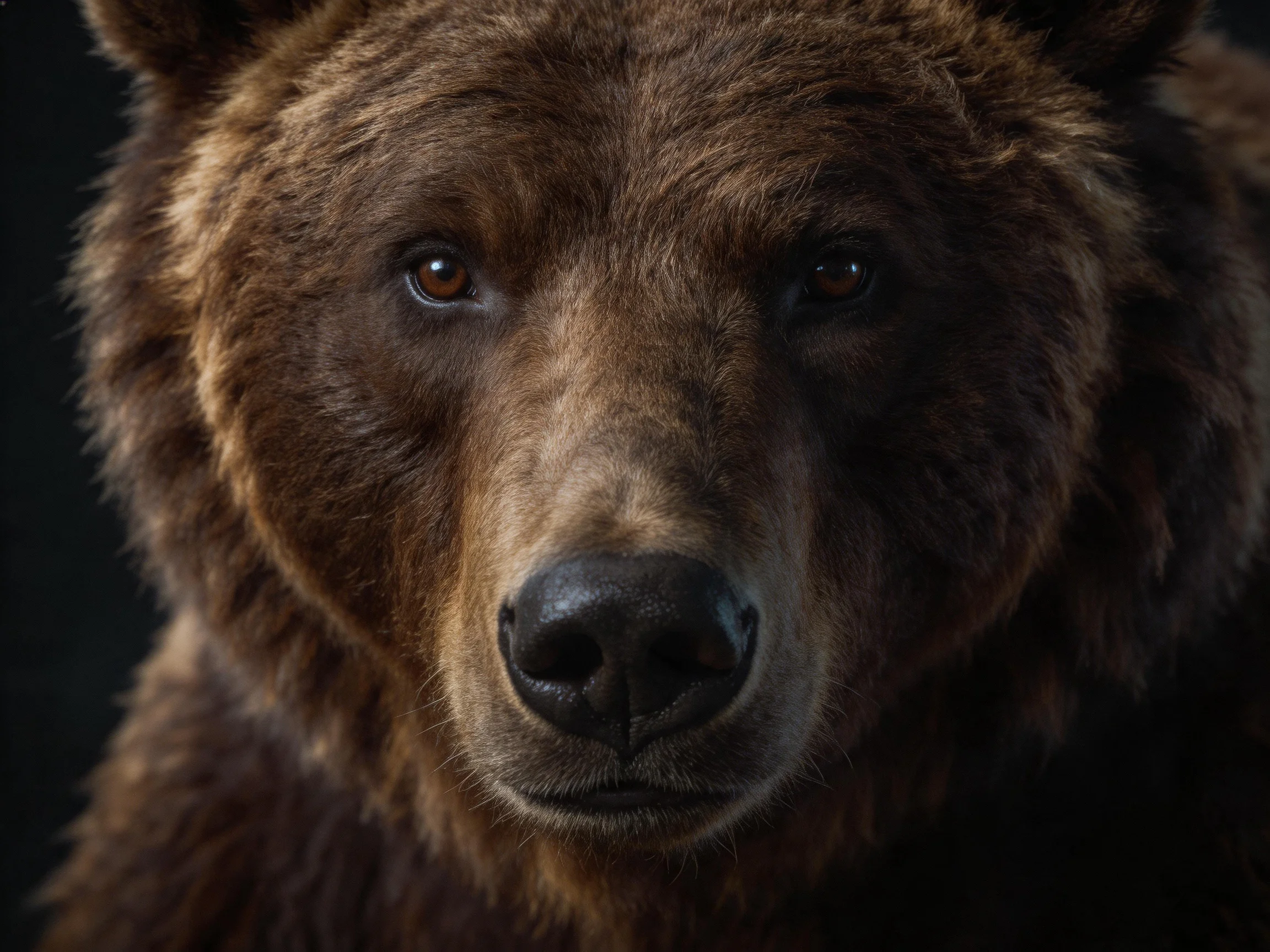 Close-up portrait of a brown bear with thick, dark brown fur