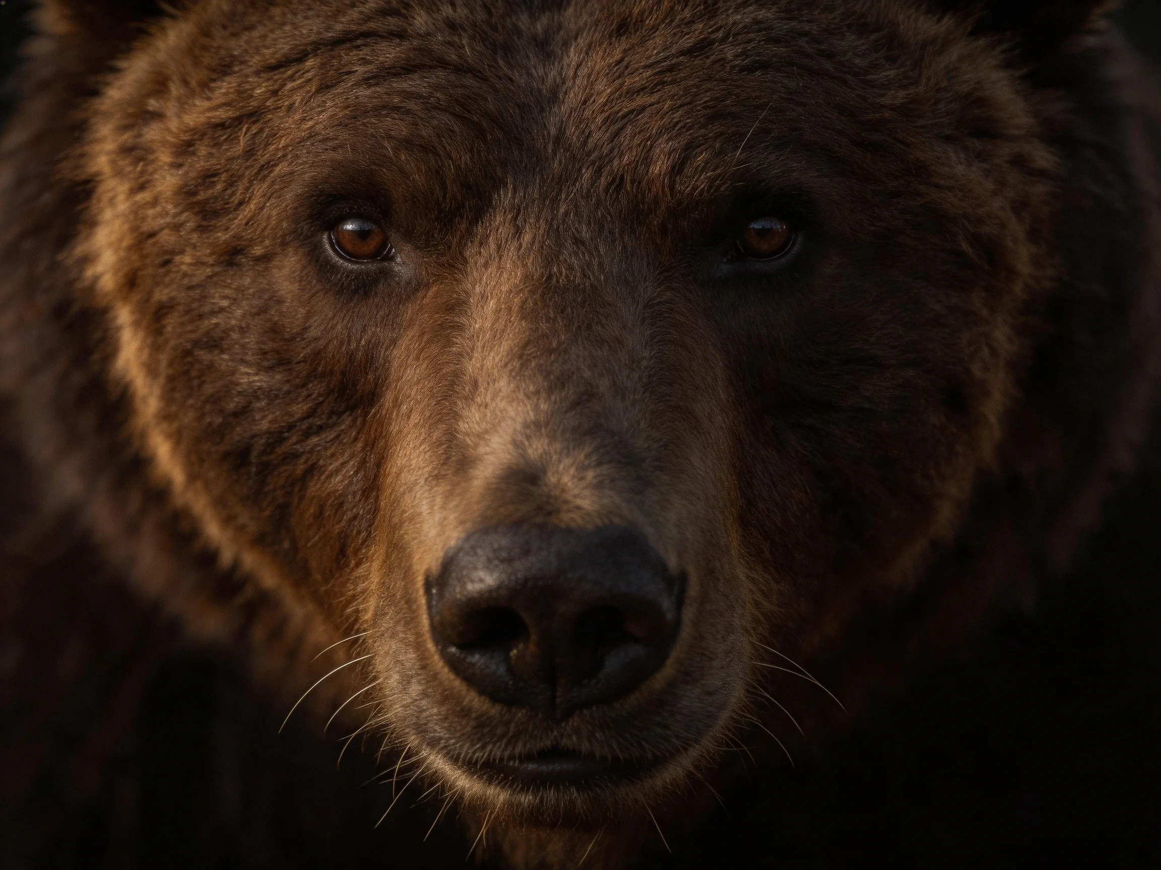 Close - up portrait of a brown grizzly bear with intense gaze