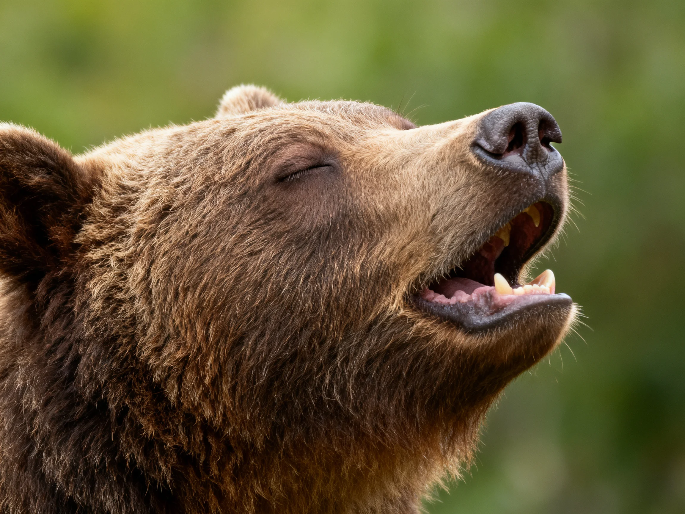 A brown grizzly bear is shown in close - up with mouth open and eyes partially closed.