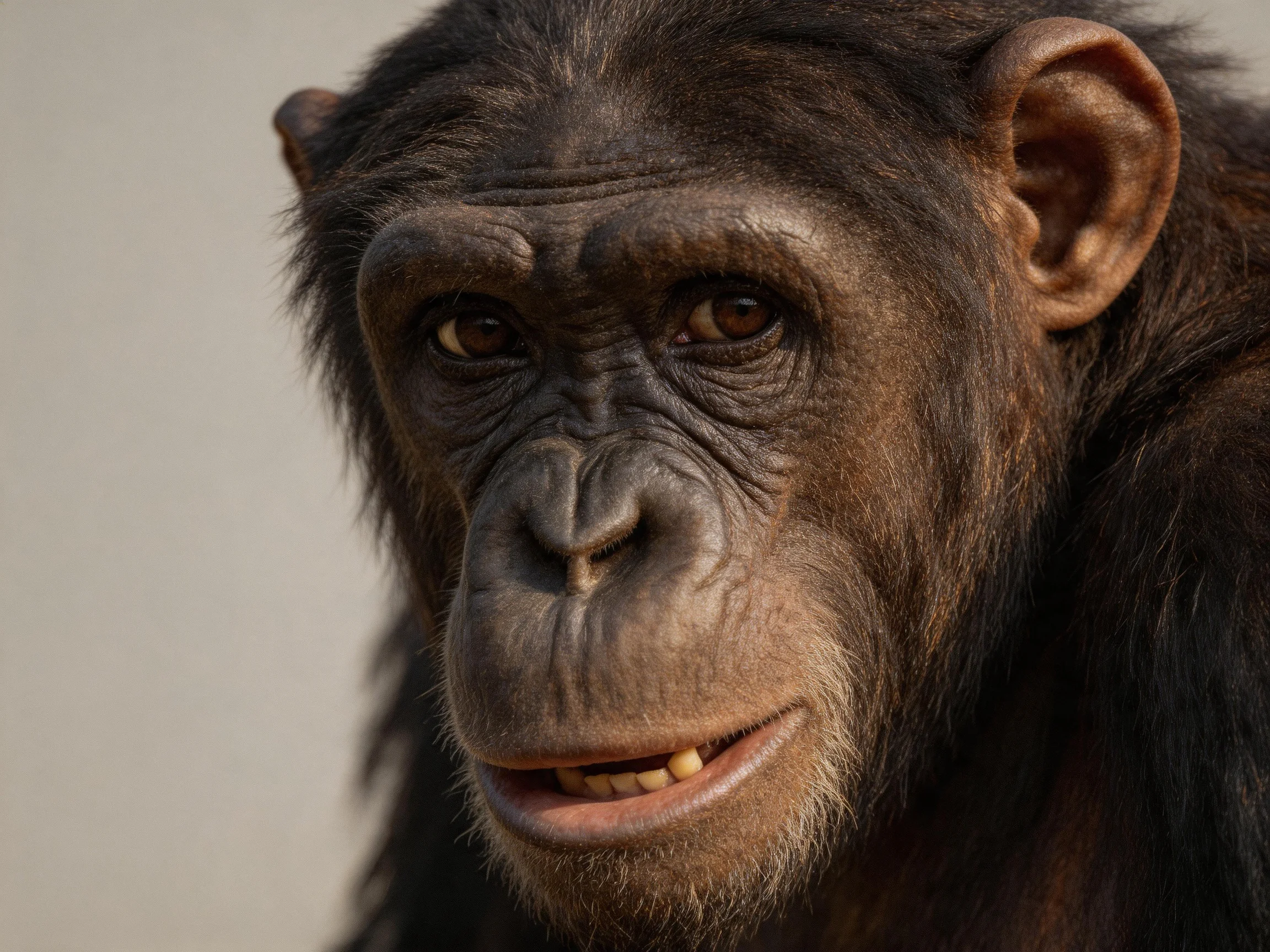 Close-up portrait of a dark-furred chimpanzee with expressive facial features