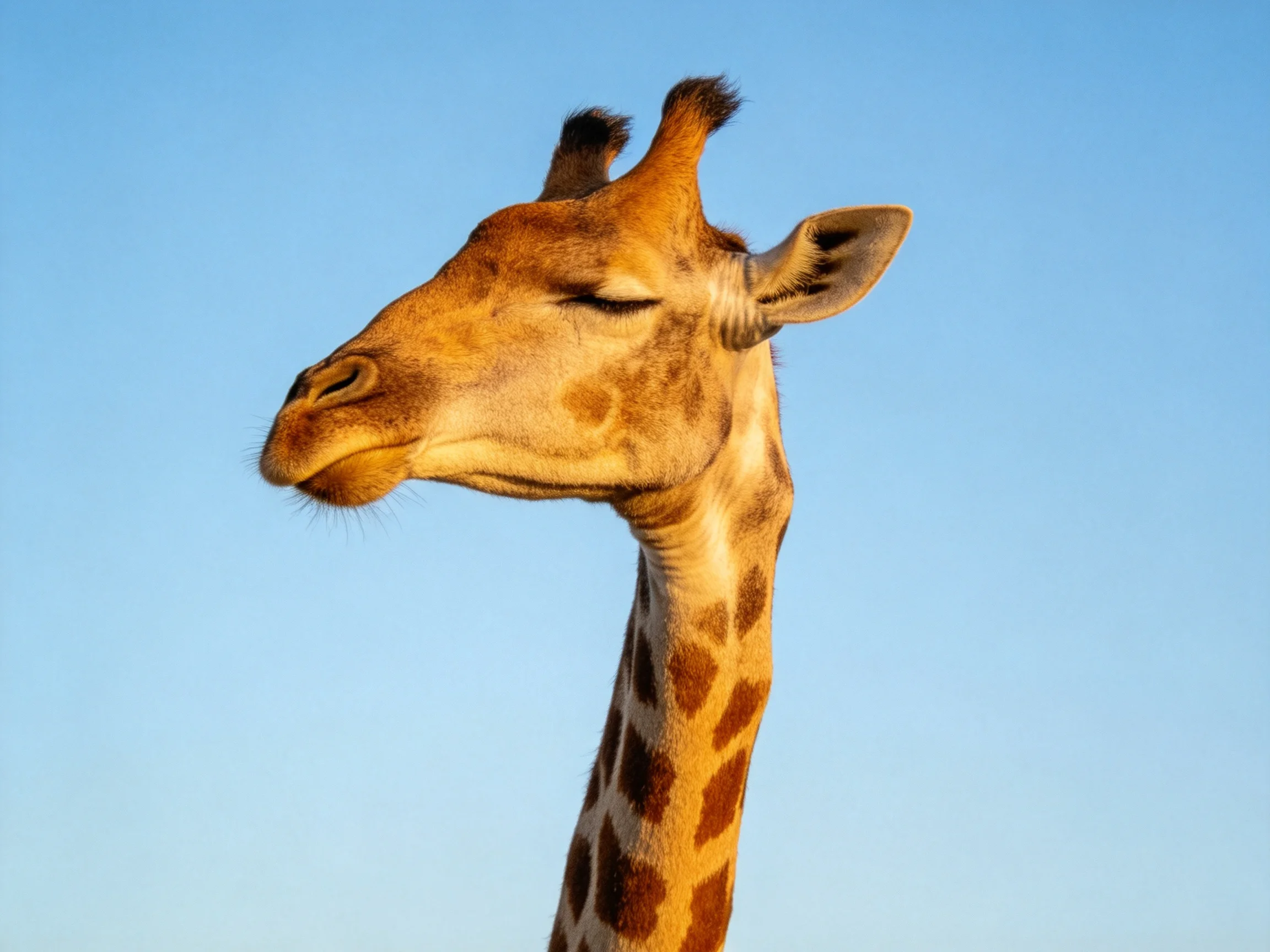 A giraffe with closed eyes is shown up close against a clear blue sky.