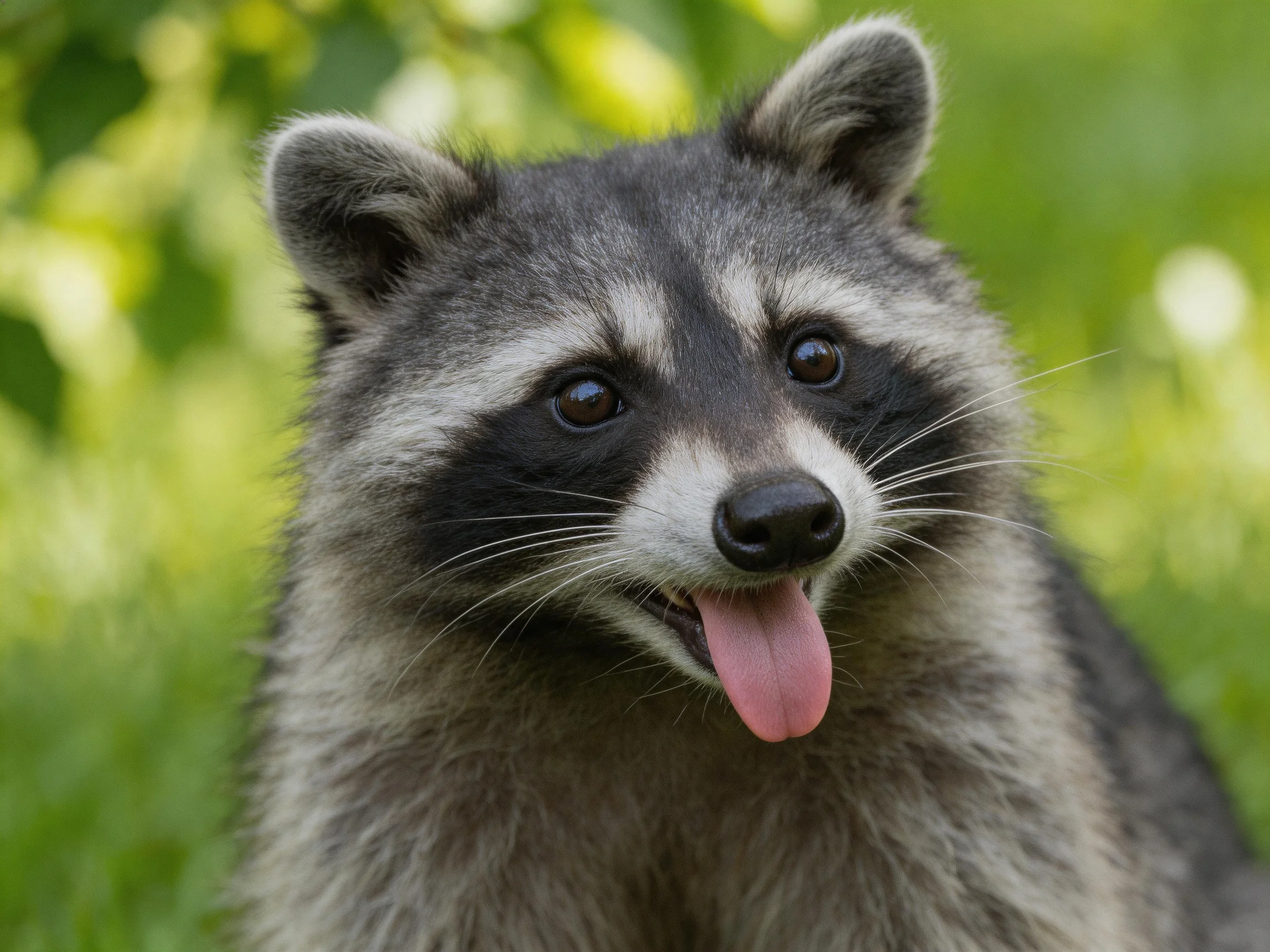 A close - up of a gray - black raccoon with a pink tongue set against green foliage.