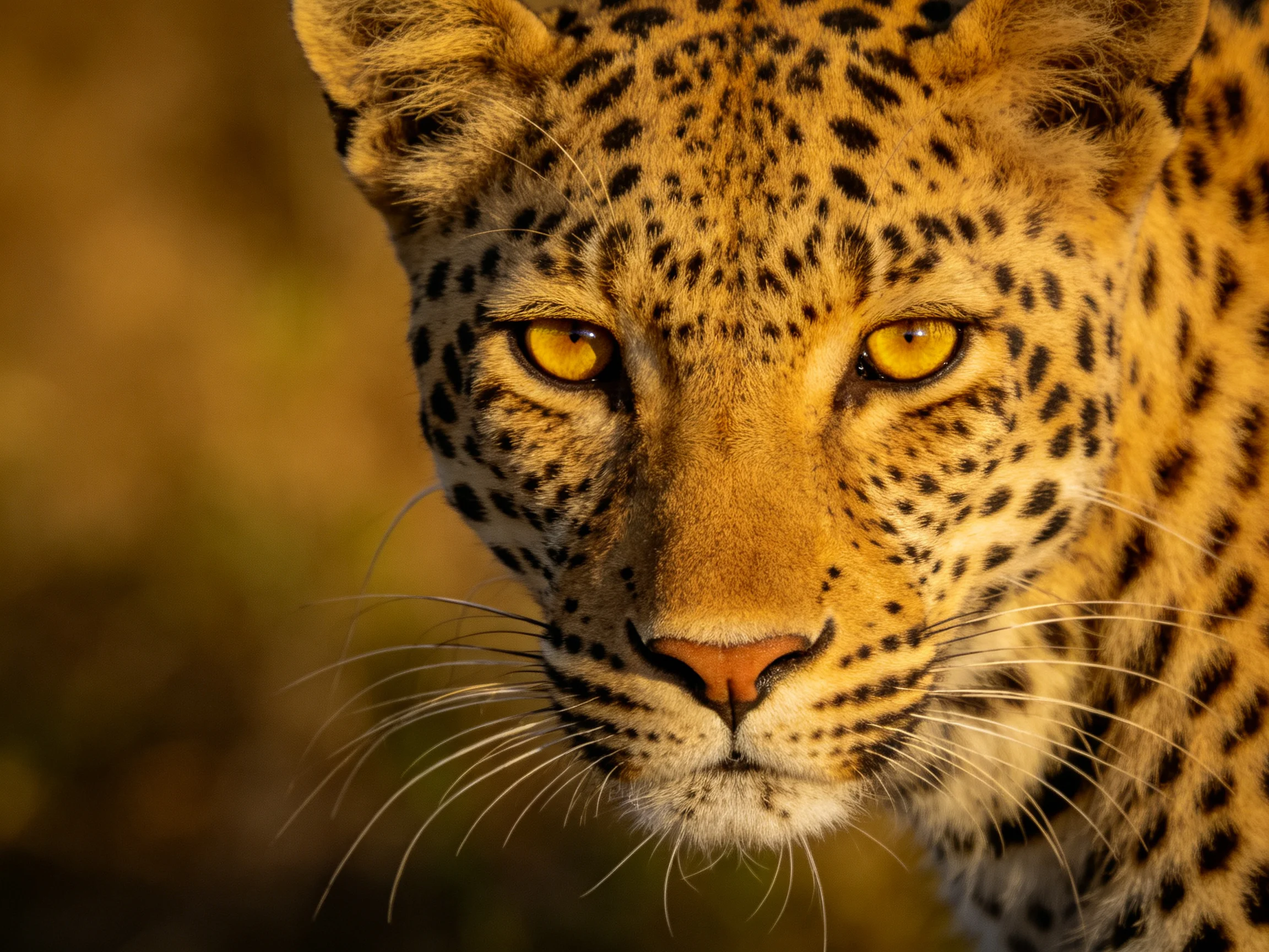 Close - up portrait of a leopard with golden eyes and dark rosettes