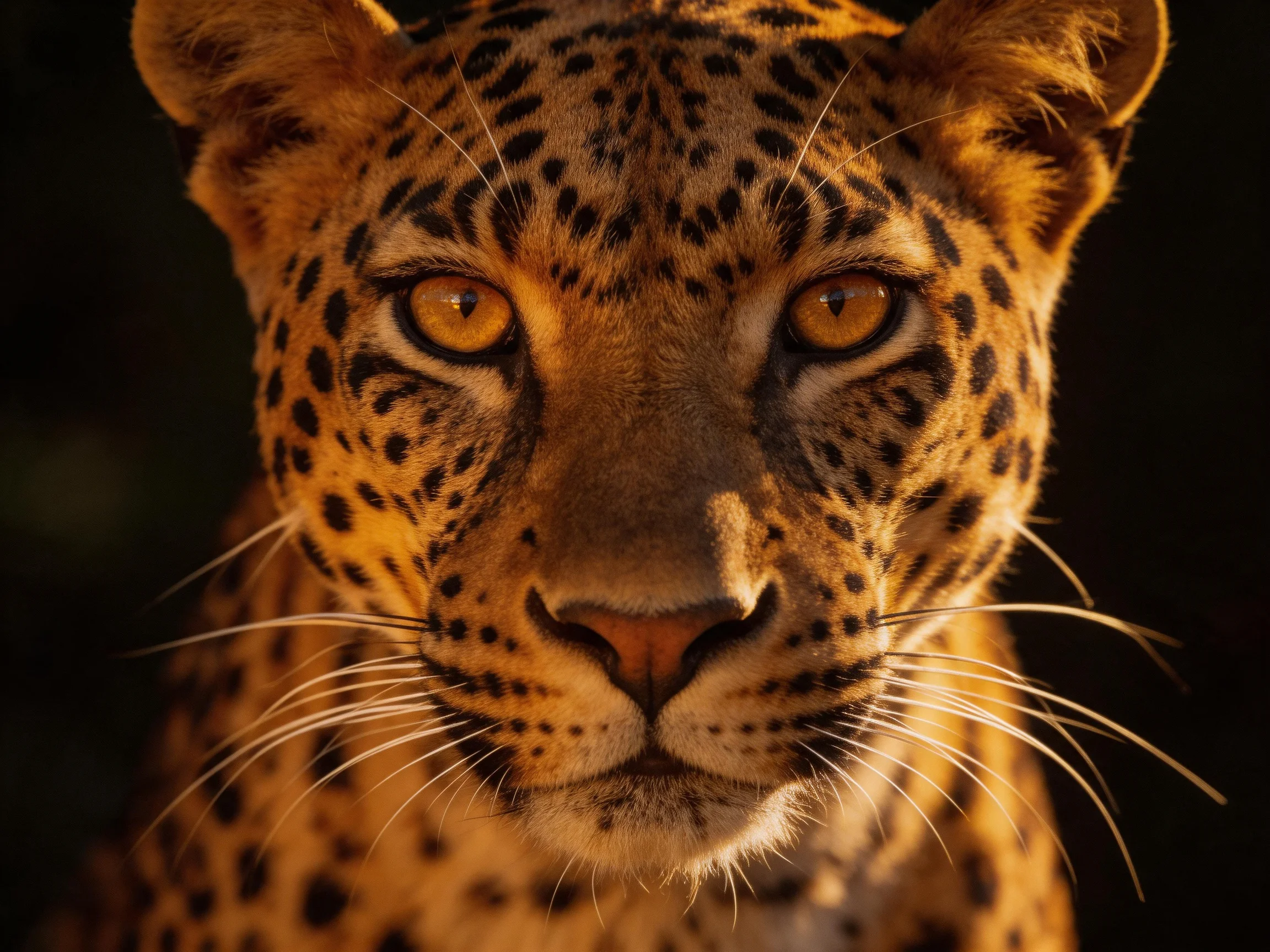 Close - up portrait of a leopard with golden fur and amber eyes