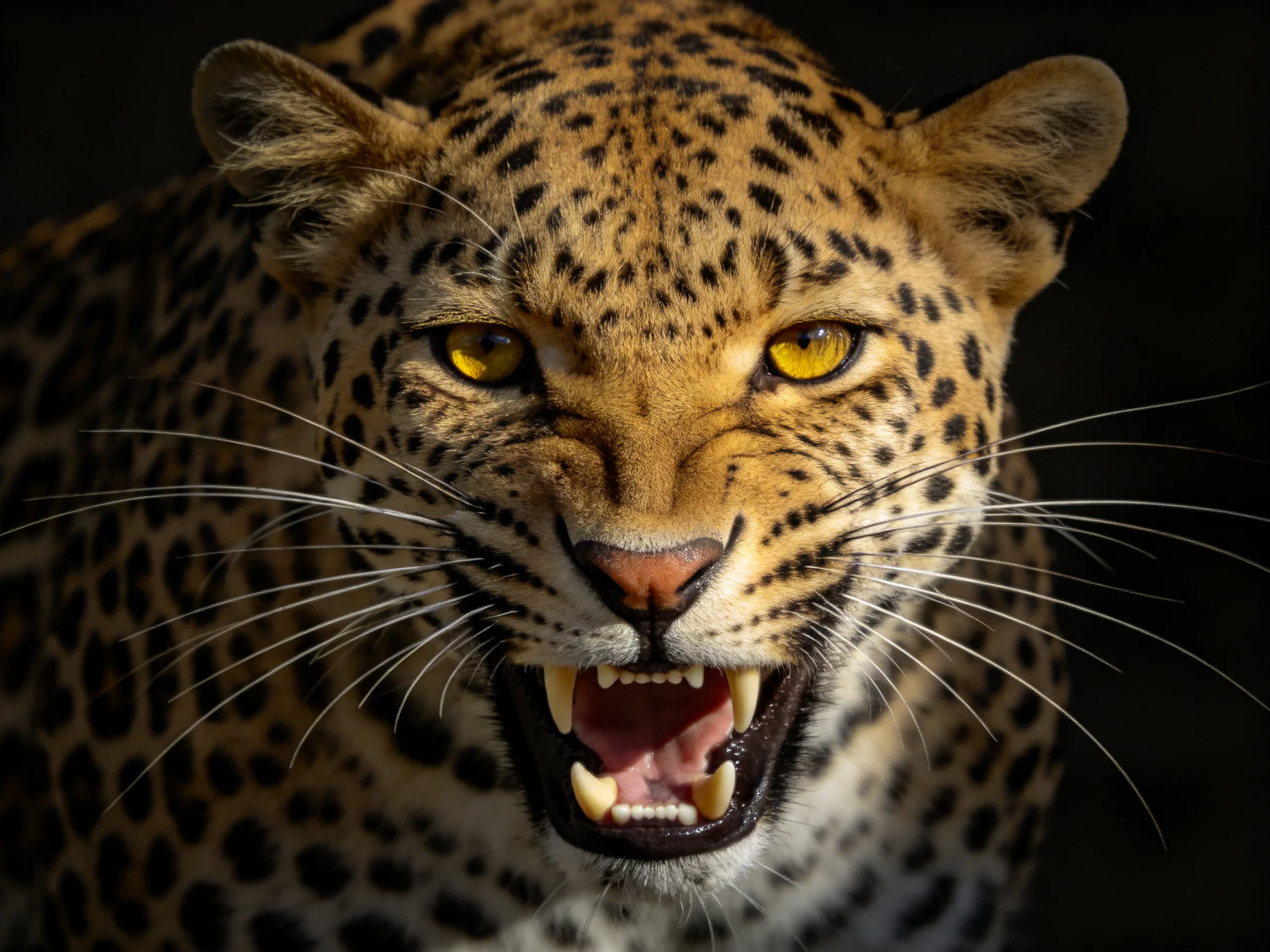 A close - up portrait of a leopard with yellow eyes shows its teeth.