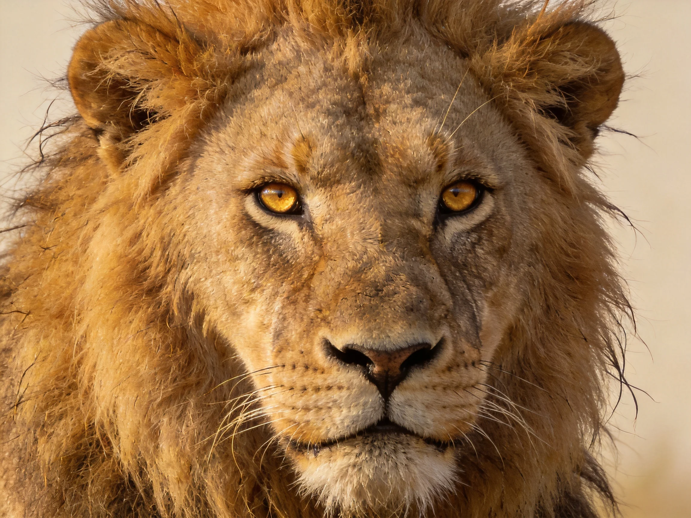 Close - up portrait of a lion with thick golden - brown mane